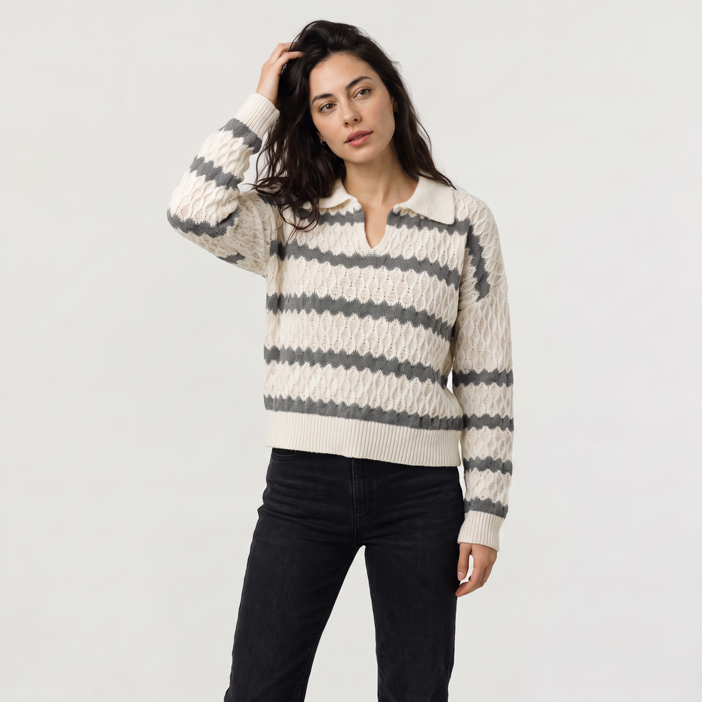 Women's Striped Pointelle Cable Knit Collar Jumper