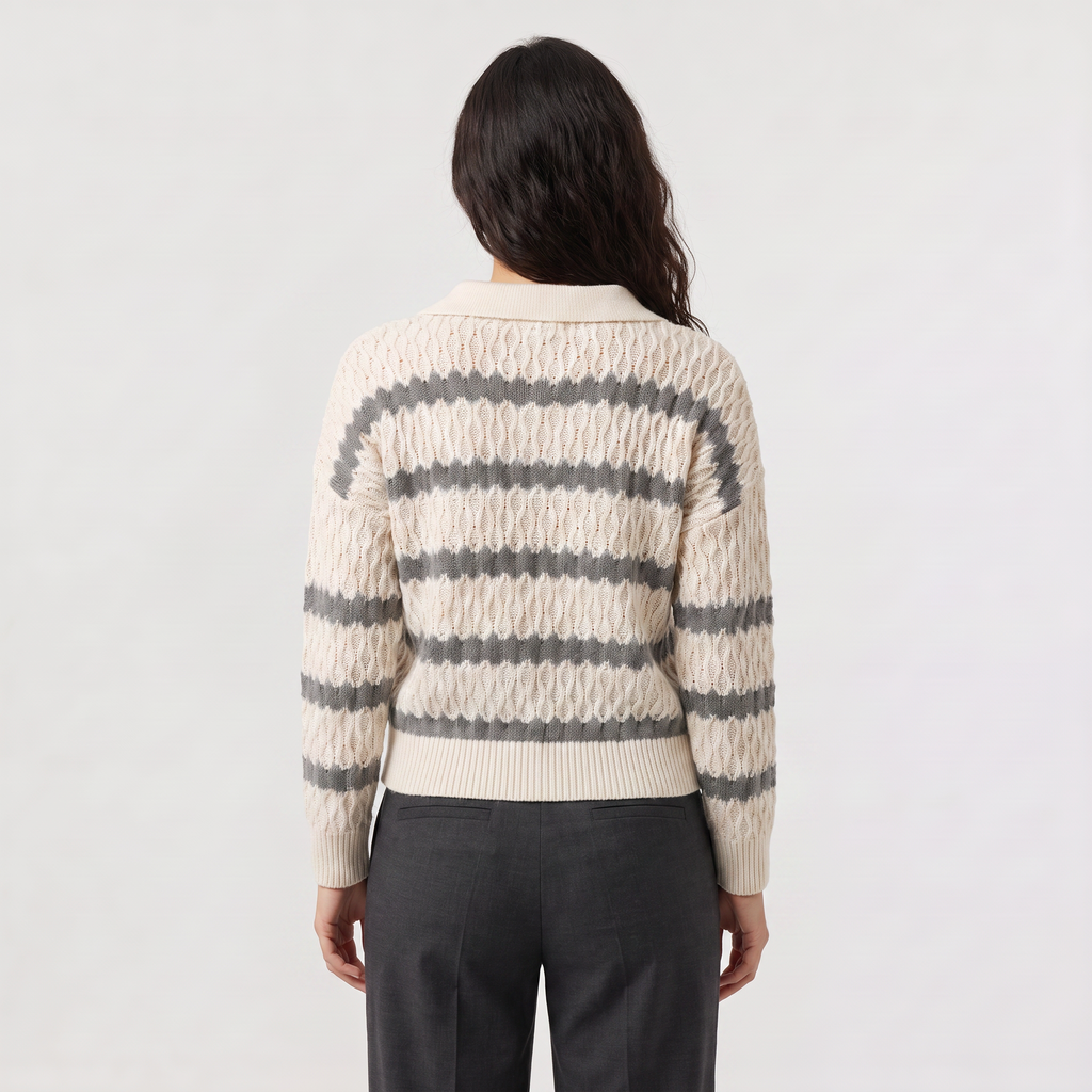 Women's Striped Pointelle Cable Knit Collar Jumper