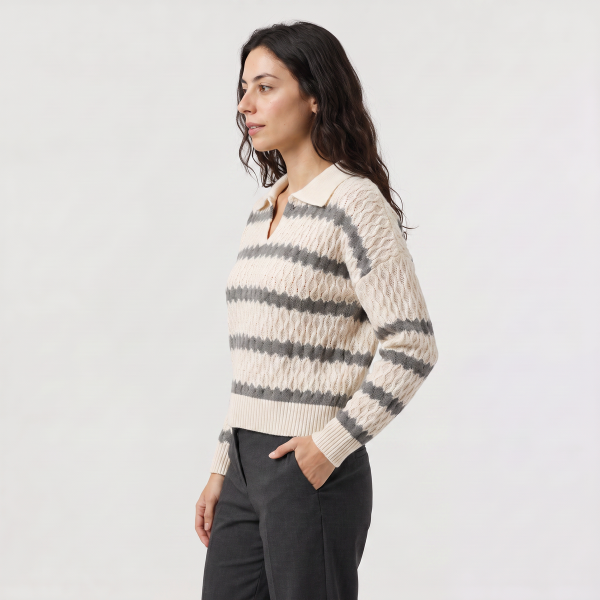 Women's Striped Pointelle Cable Knit Collar Jumper