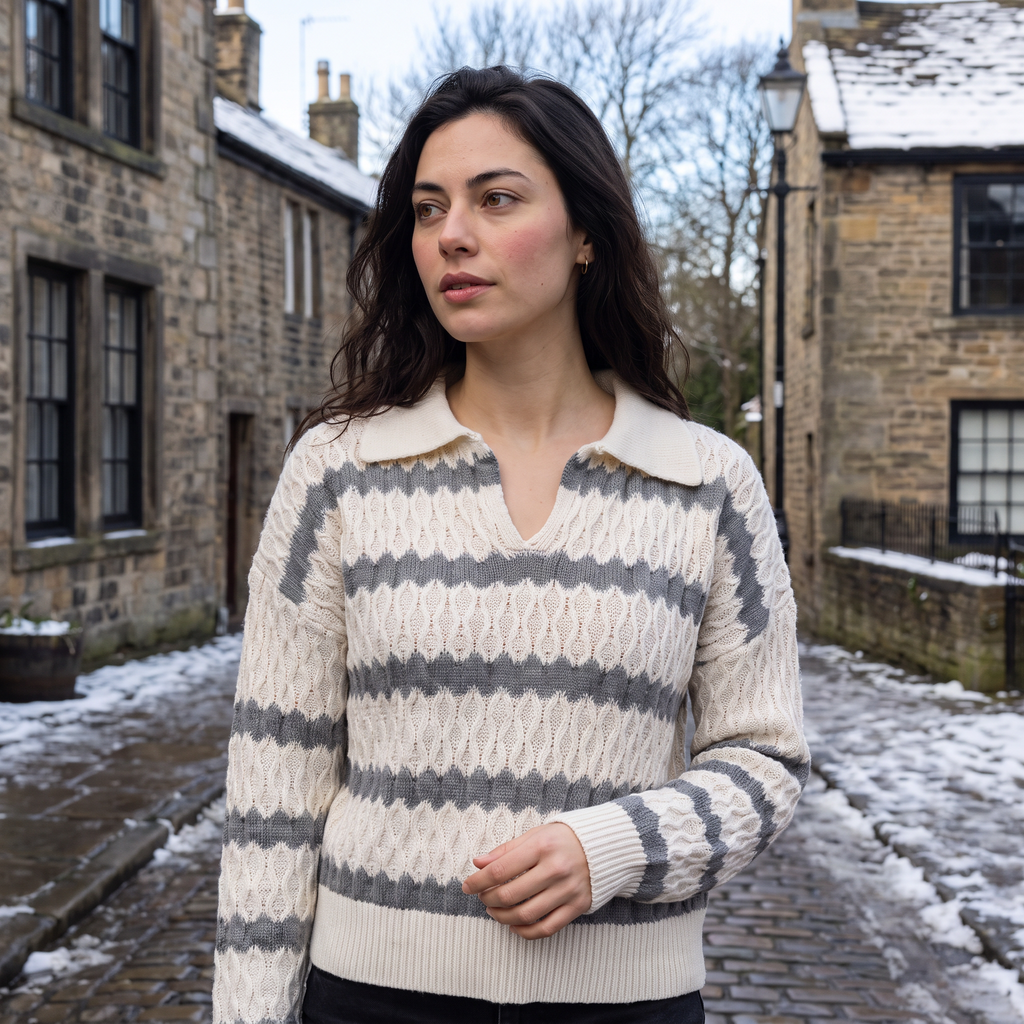Women's Striped Pointelle Cable Knit Collar Jumper
