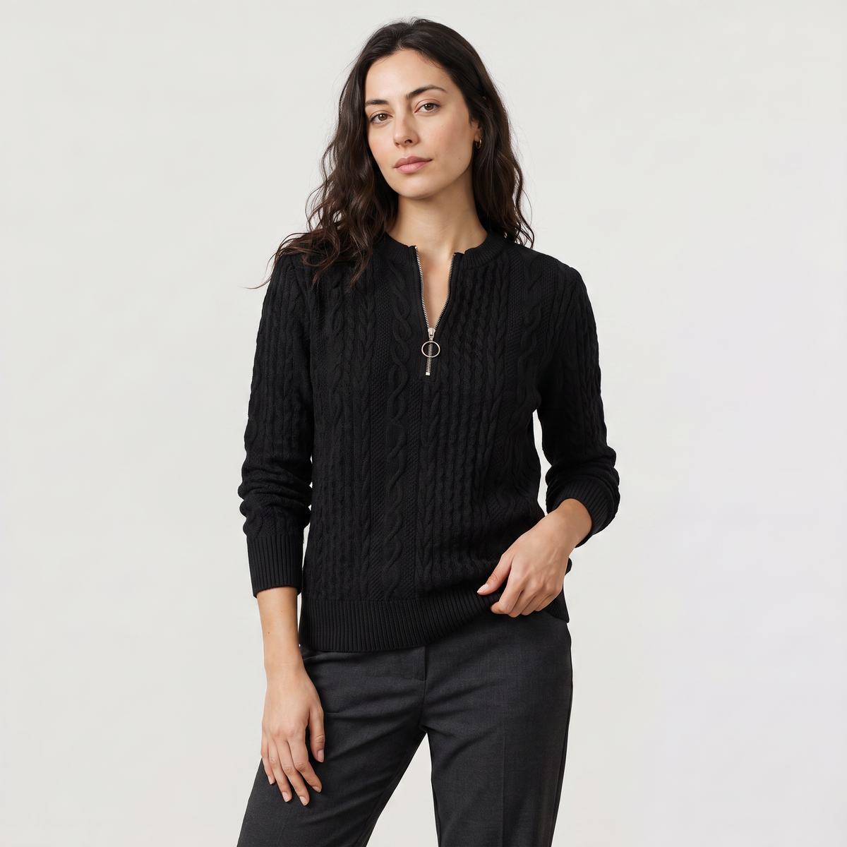 Women's Casual Cable Knit Zip-Neck Jumper