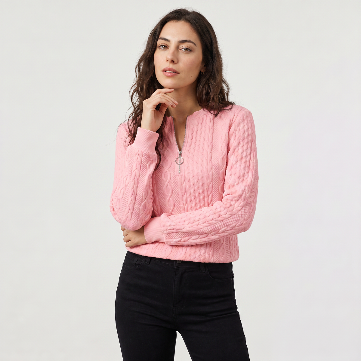 Women's Casual Cable Knit Zip-Neck Jumper
