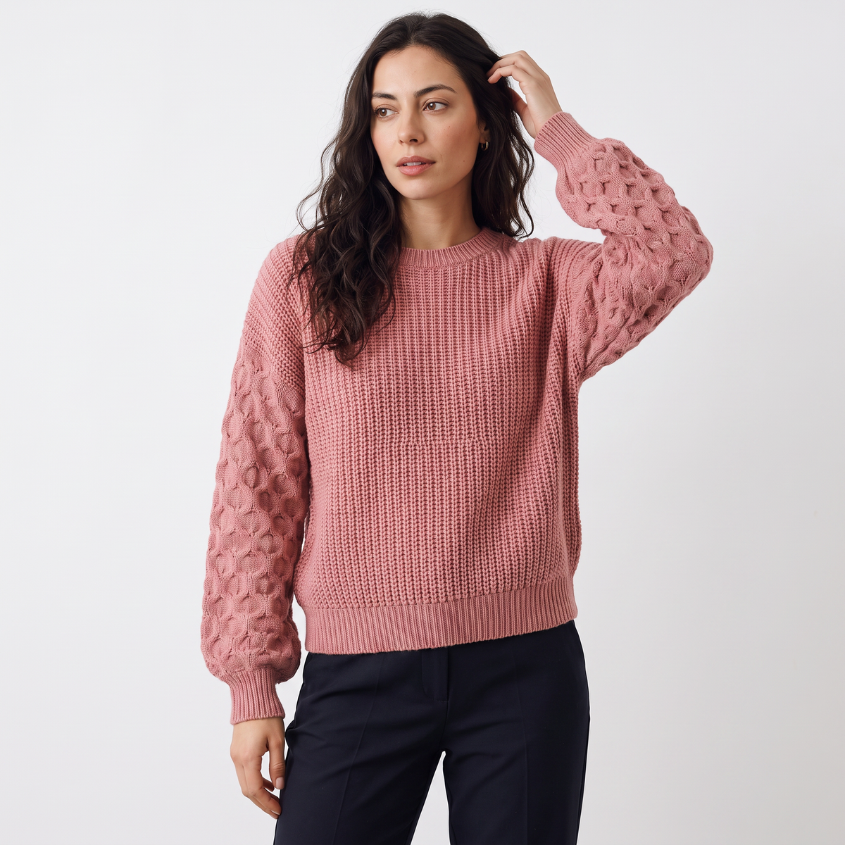 Women's Lantern Sleeve Knit Sweater - Textured Winter Jumper