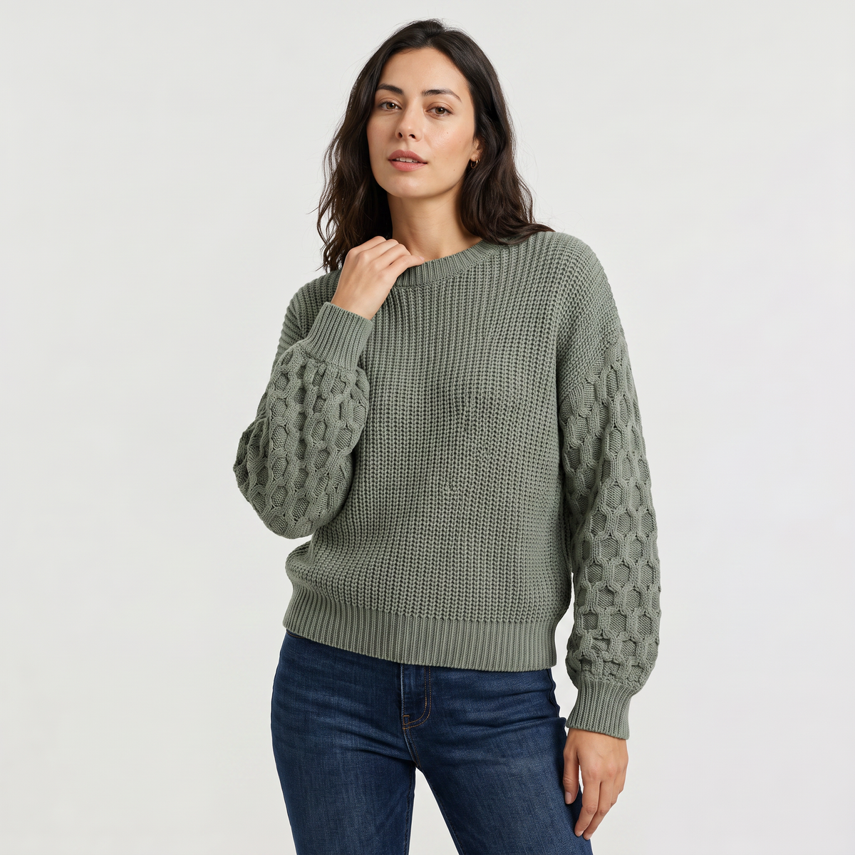 Women's Lantern Sleeve Knit Sweater - Textured Winter Jumper