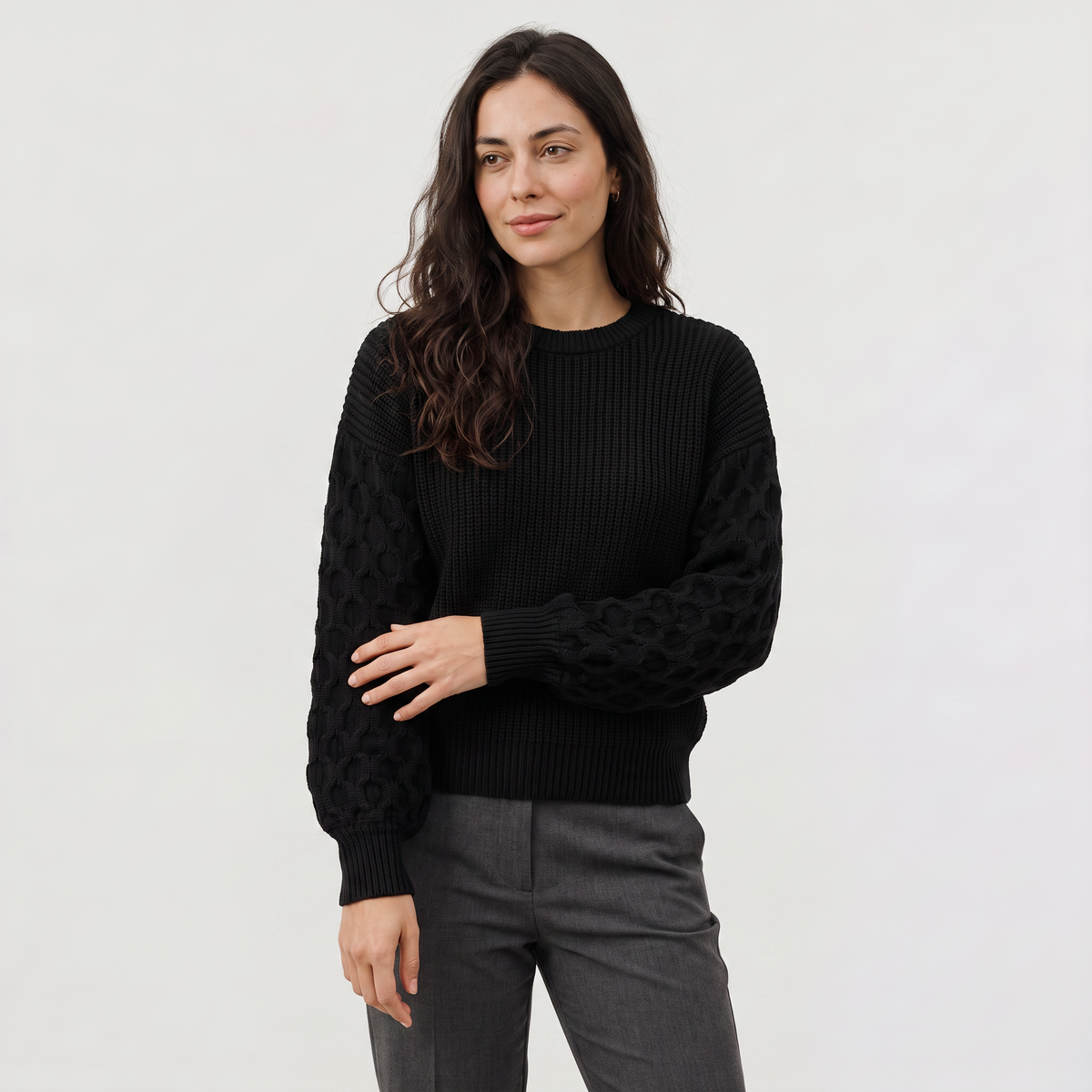 Women's Lantern Sleeve Knit Sweater - Textured Winter Jumper