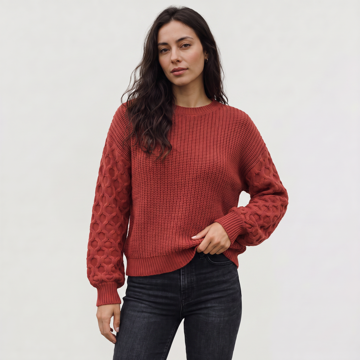 Women's Lantern Sleeve Knit Sweater - Textured Winter Jumper