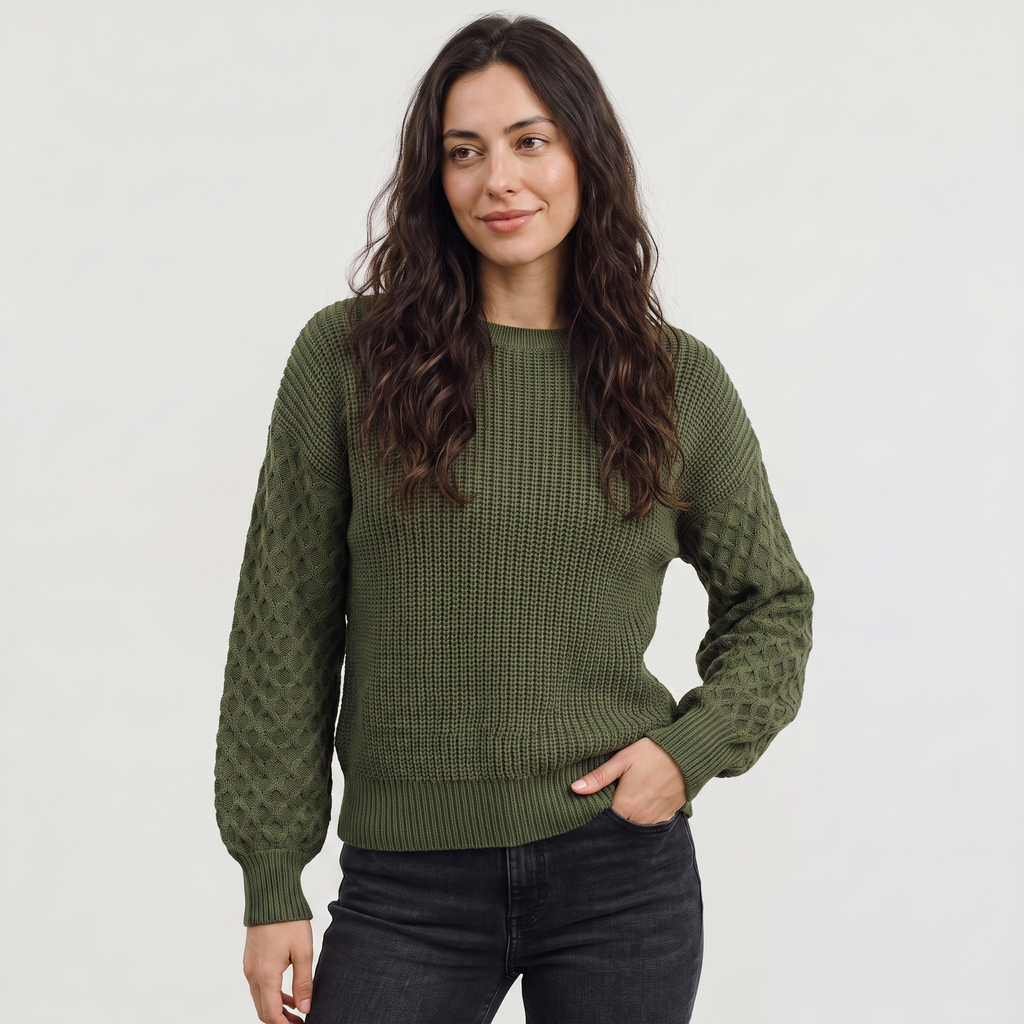 Women's Lantern Sleeve Knit Sweater - Textured Winter Jumper