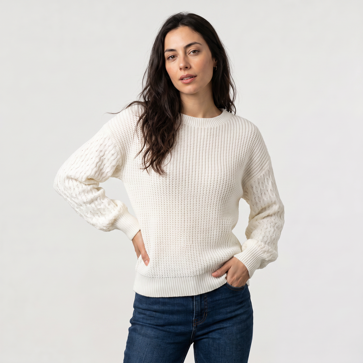 Women's Lantern Sleeve Knit Sweater - Textured Winter Jumper