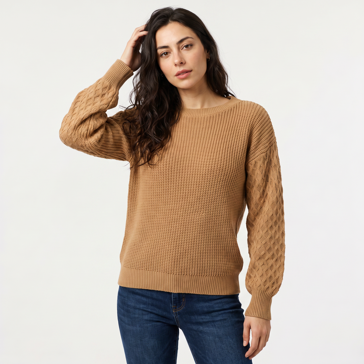Women's Lantern Sleeve Knit Sweater - Textured Winter Jumper