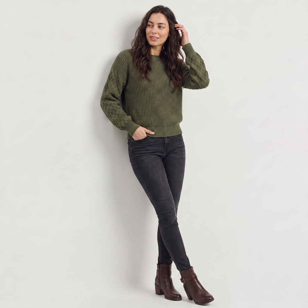 Women's Lantern Sleeve Knit Sweater - Textured Winter Jumper