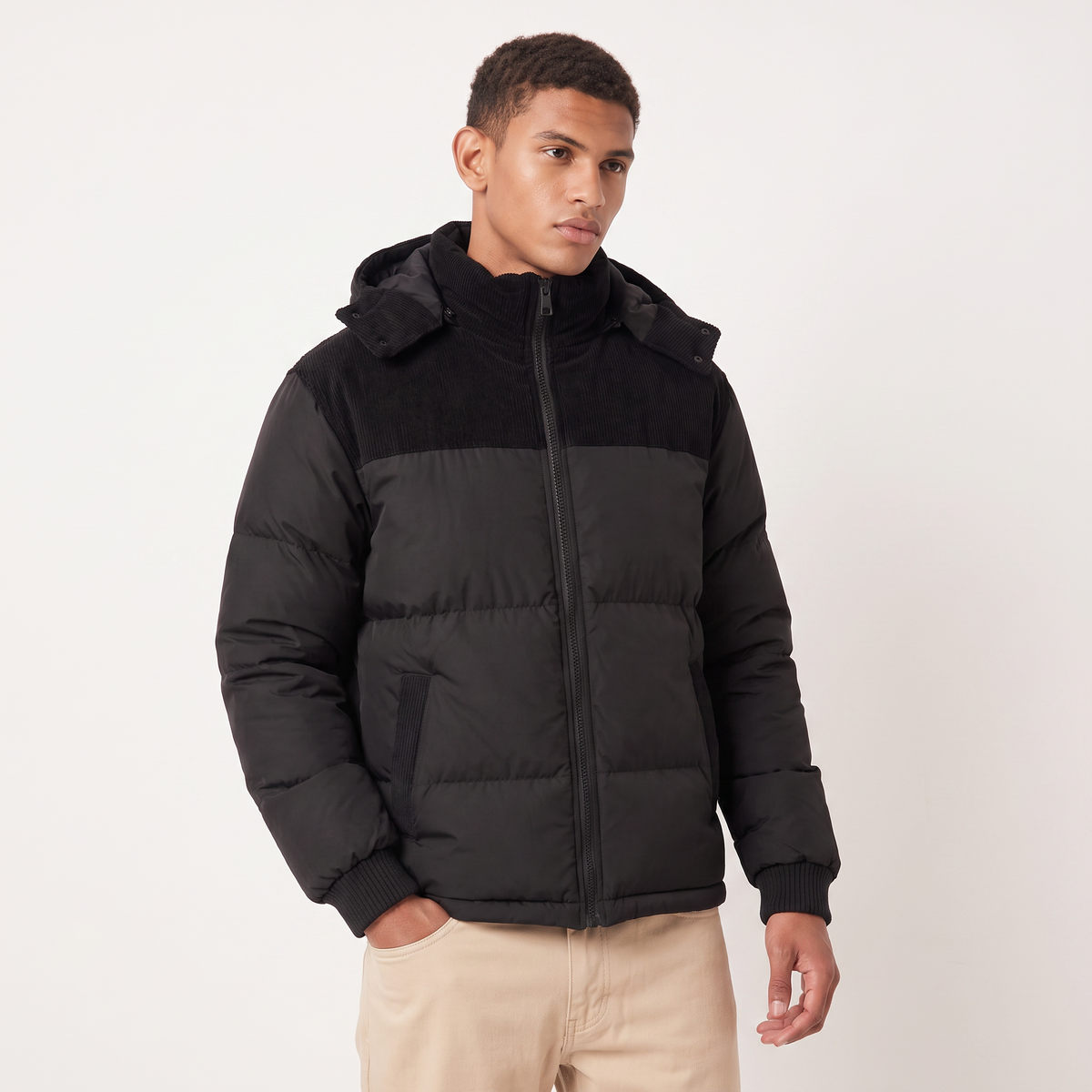 Men's Quilted Hooded Puffer Jacket - Corduroy Winter Coat