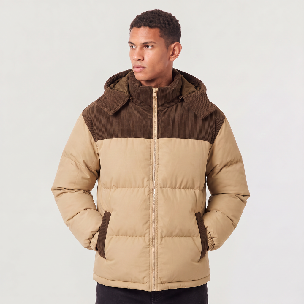 Men's Quilted Hooded Puffer Jacket - Corduroy Winter Coat