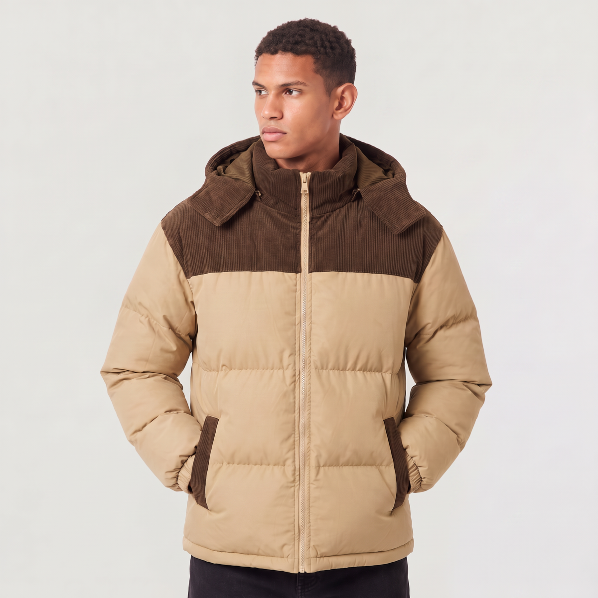Men's Quilted Hooded Puffer Jacket - Corduroy Winter Coat
