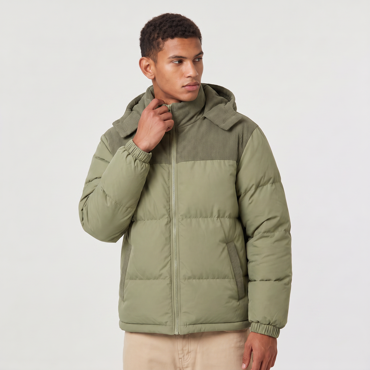 Men's Quilted Hooded Puffer Jacket - Corduroy Winter Coat