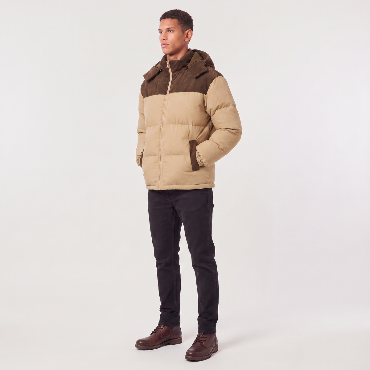 Men's Quilted Hooded Puffer Jacket - Corduroy Winter Coat
