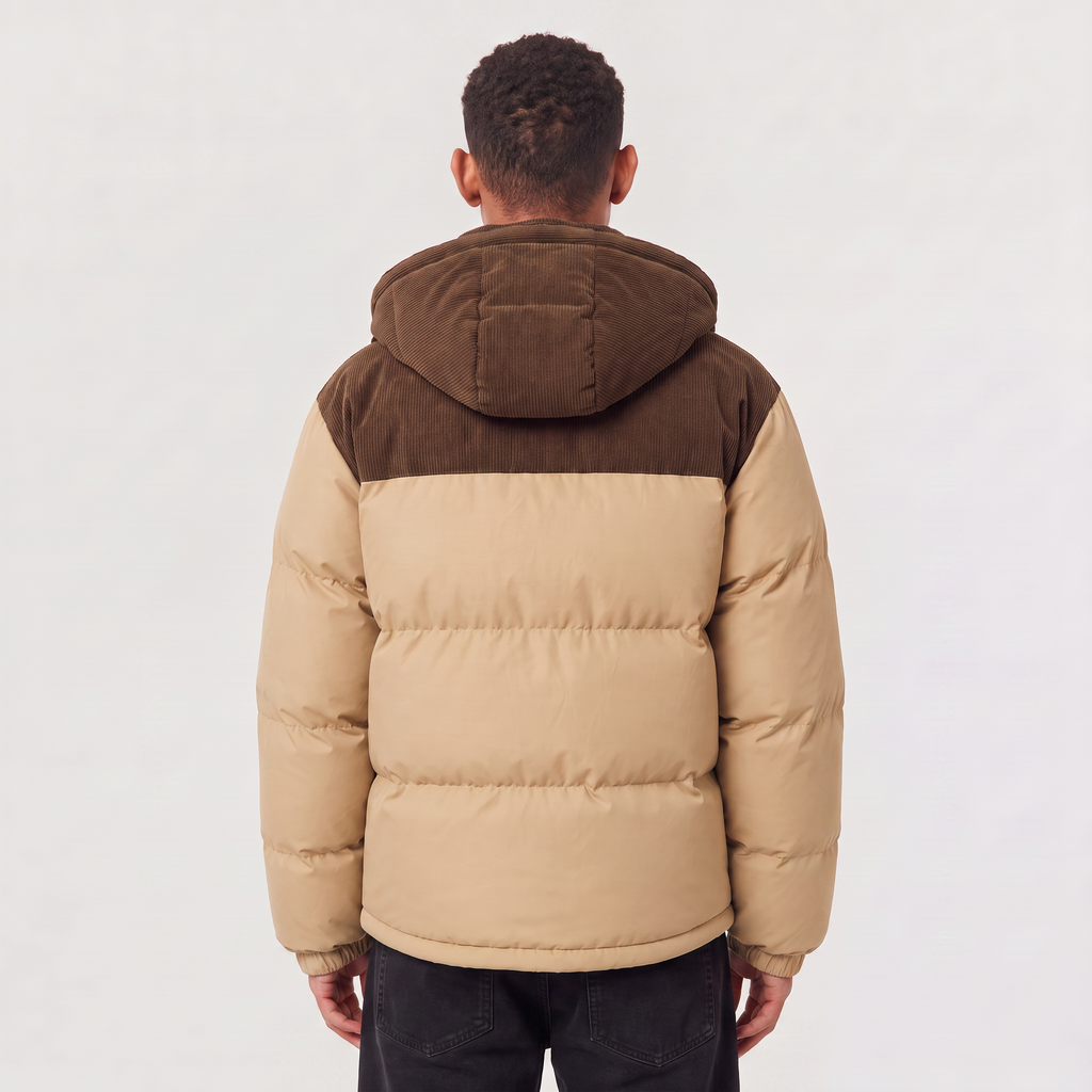 Men's Quilted Hooded Puffer Jacket - Corduroy Winter Coat
