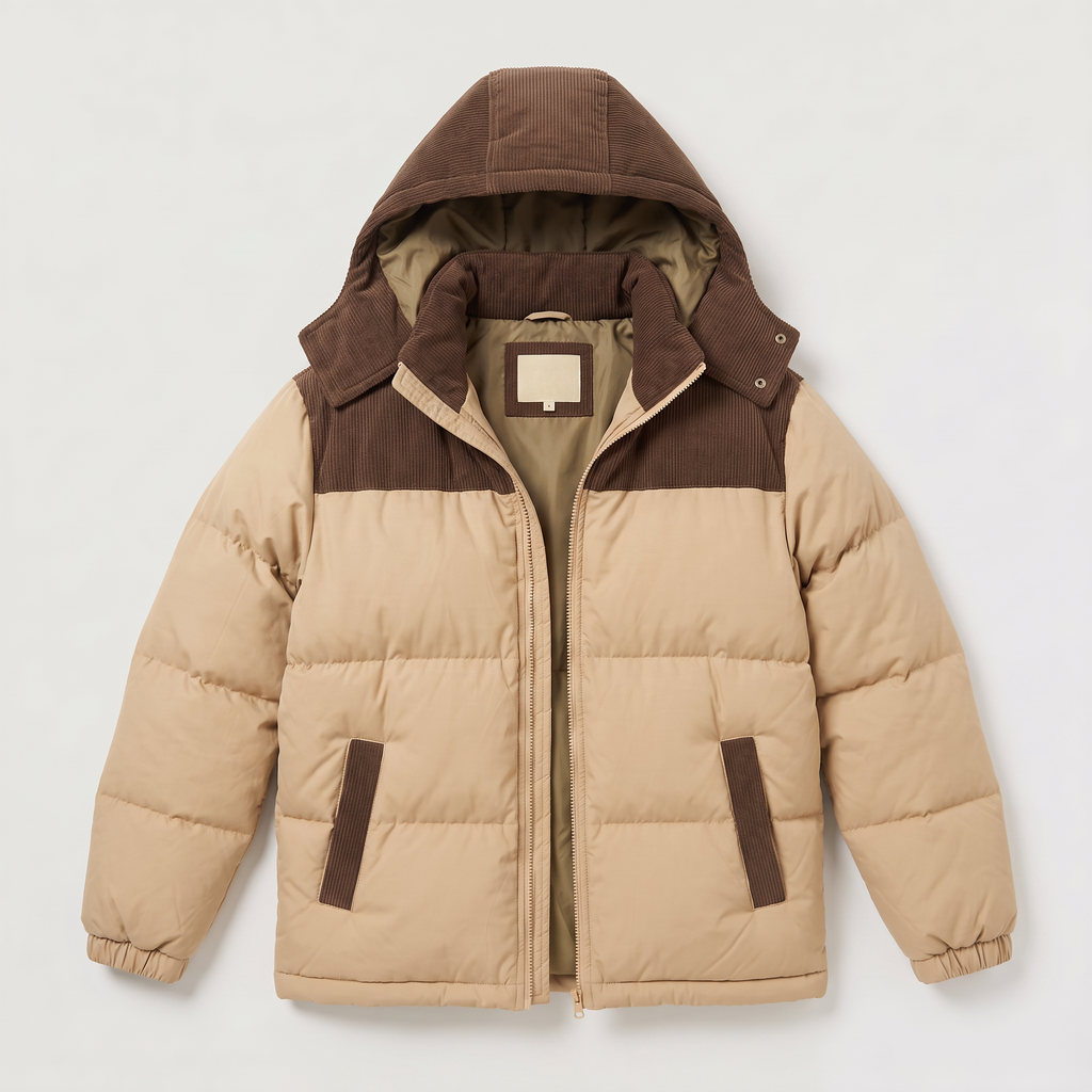 Men's Quilted Hooded Puffer Jacket - Corduroy Winter Coat