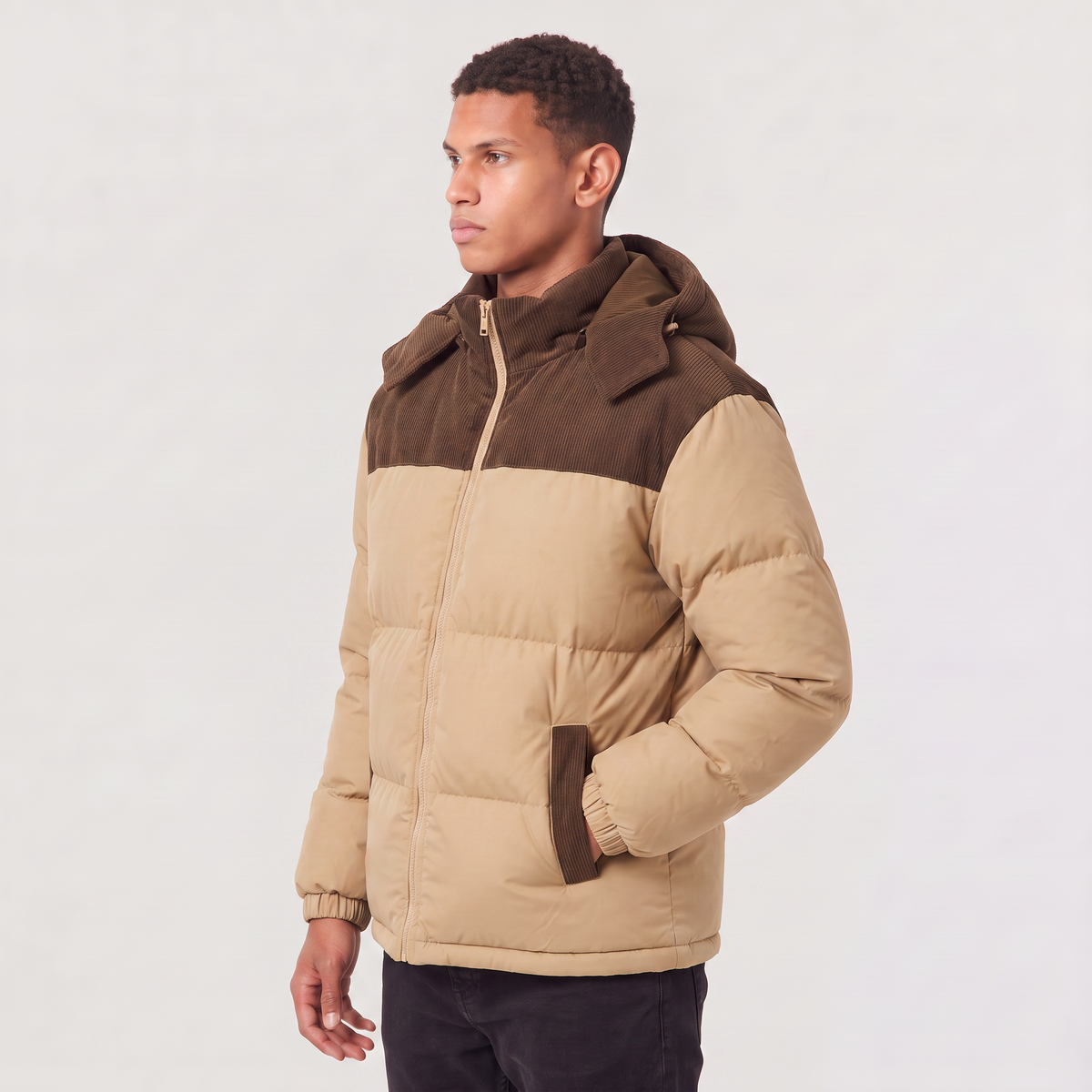Men's Quilted Hooded Puffer Jacket - Corduroy Winter Coat