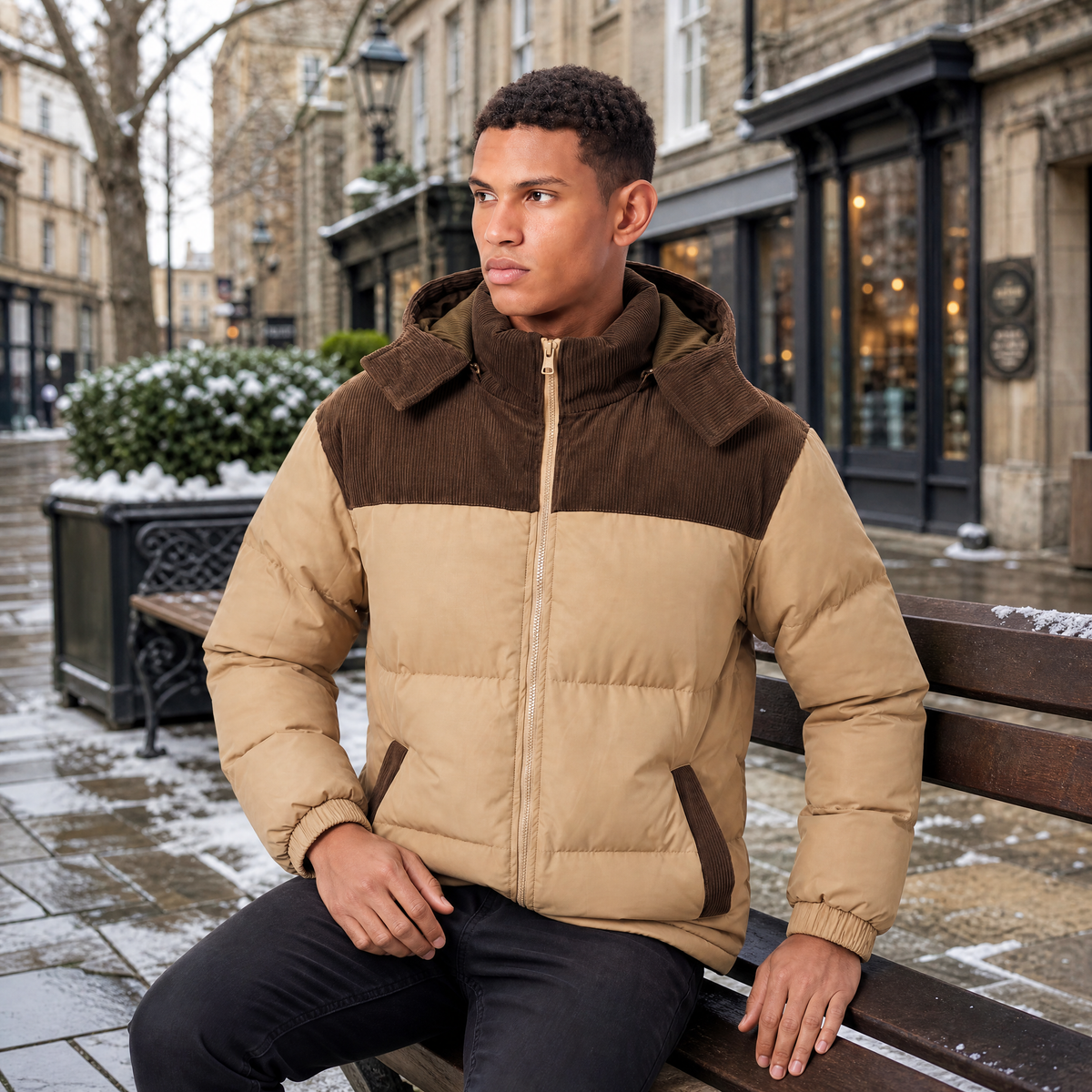 Men's Quilted Hooded Puffer Jacket - Corduroy Winter Coat
