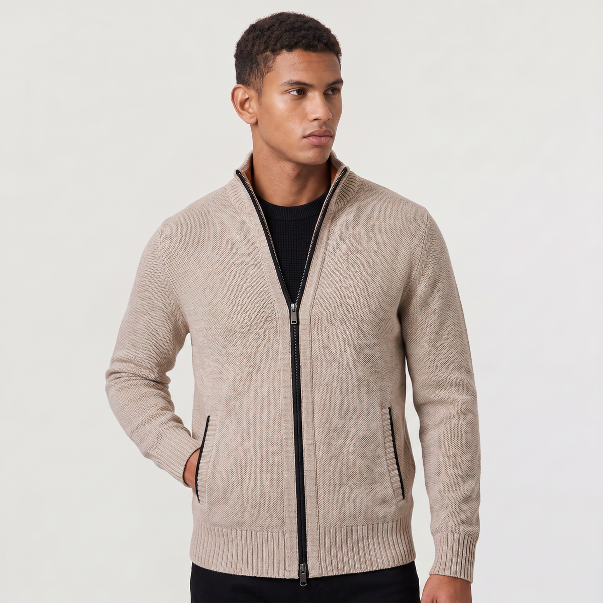 Men's Full-Zip Textured Knit Cardigan – Funnel Neck Jumper