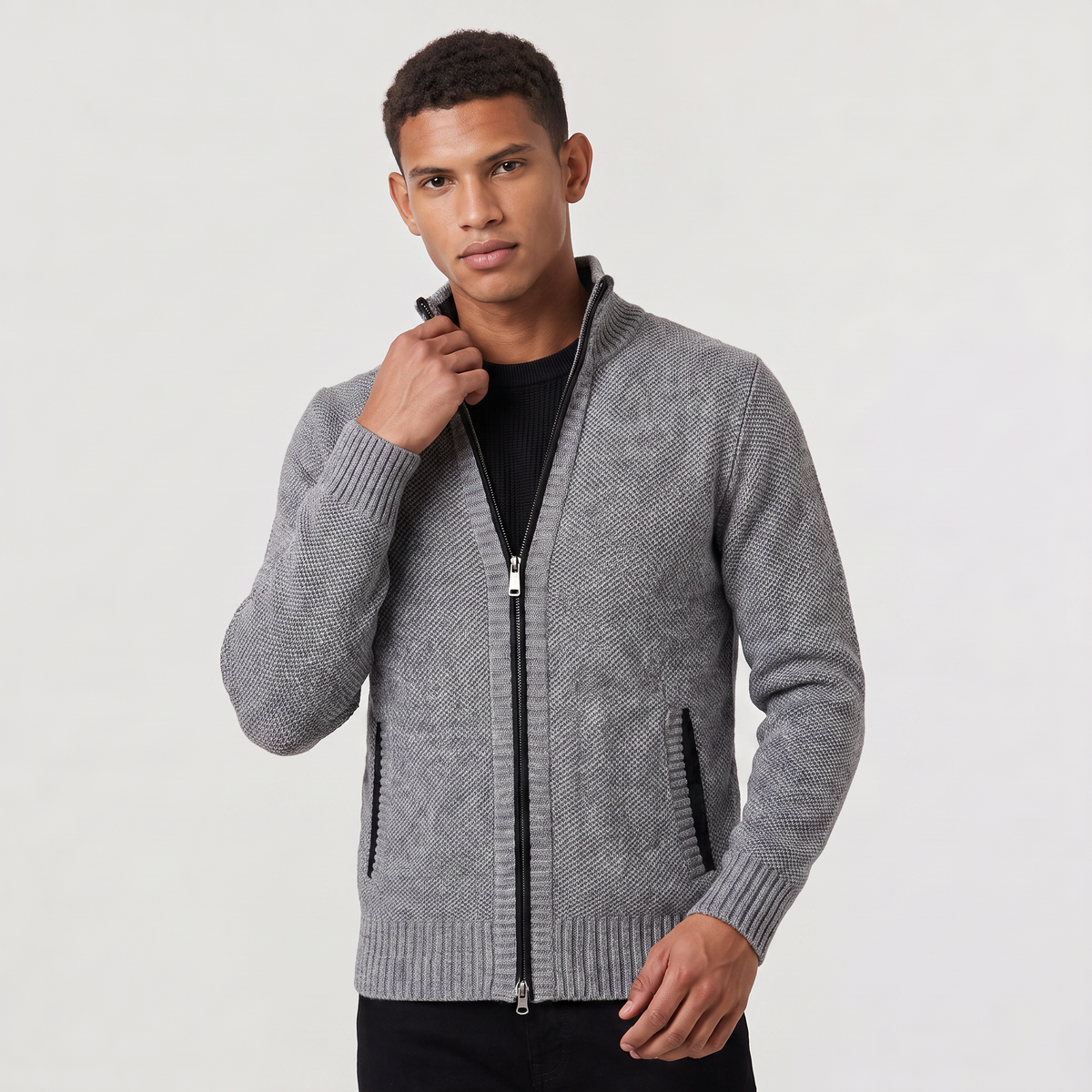 Men's Full-Zip Textured Knit Cardigan – Funnel Neck Jumper