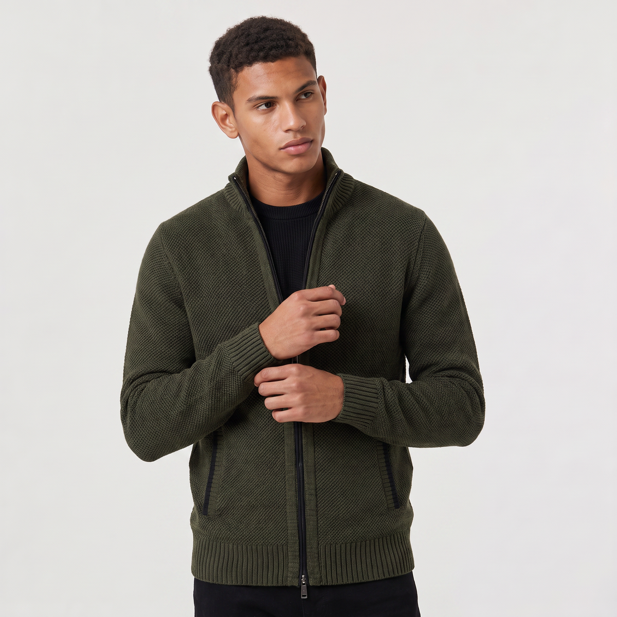 Men's Full-Zip Textured Knit Cardigan – Funnel Neck Jumper