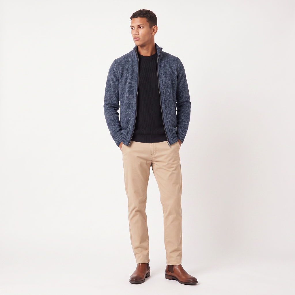 Men's Full-Zip Textured Knit Cardigan – Funnel Neck Jumper