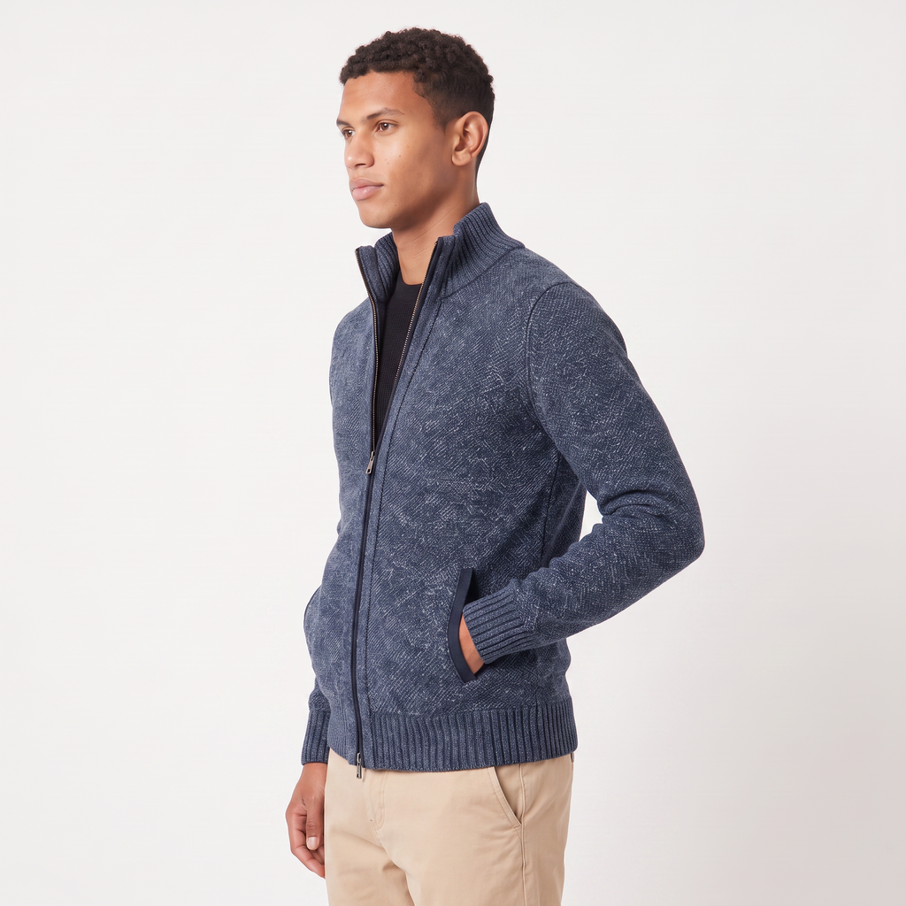 Men's Full-Zip Textured Knit Cardigan – Funnel Neck Jumper