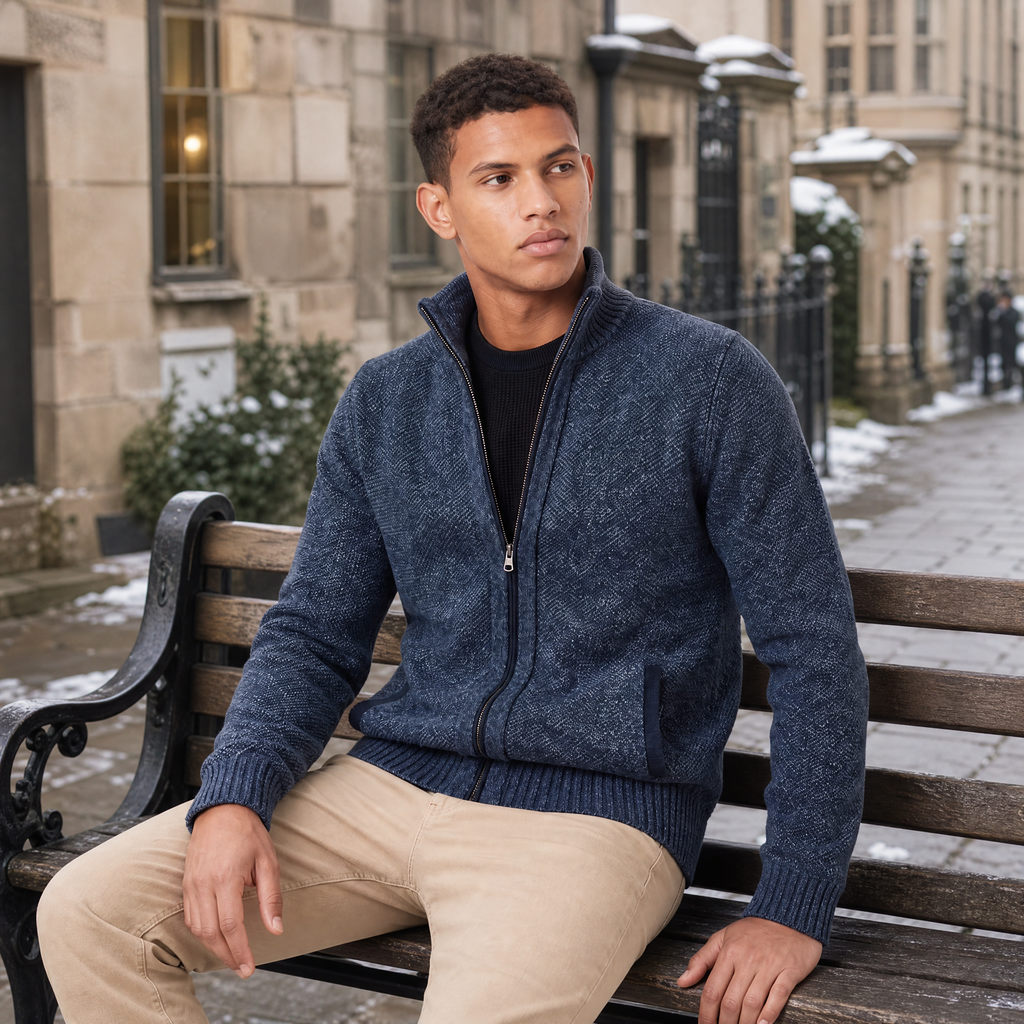 Men's Full-Zip Textured Knit Cardigan – Funnel Neck Jumper