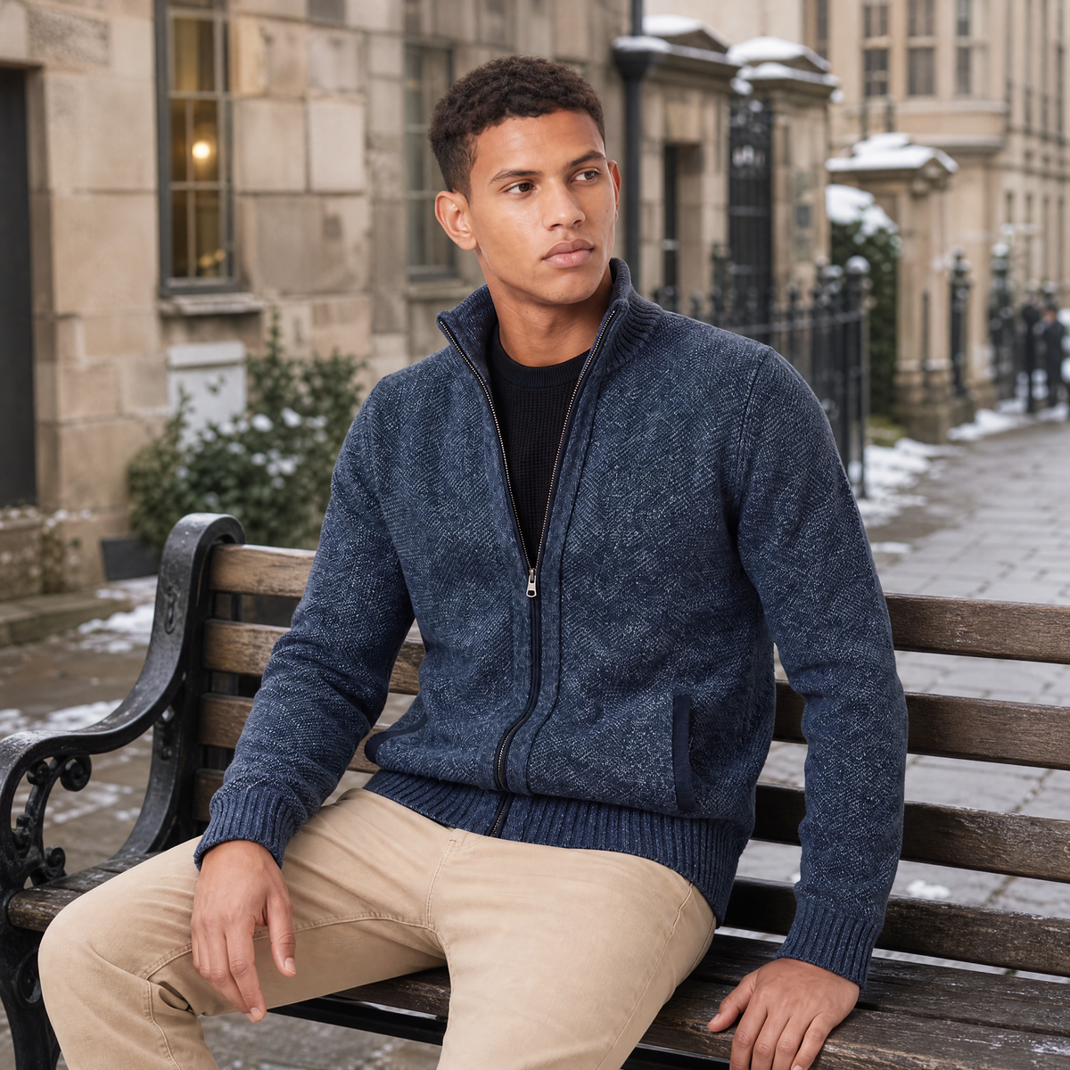 Men's Full-Zip Textured Knit Cardigan – Funnel Neck Jumper