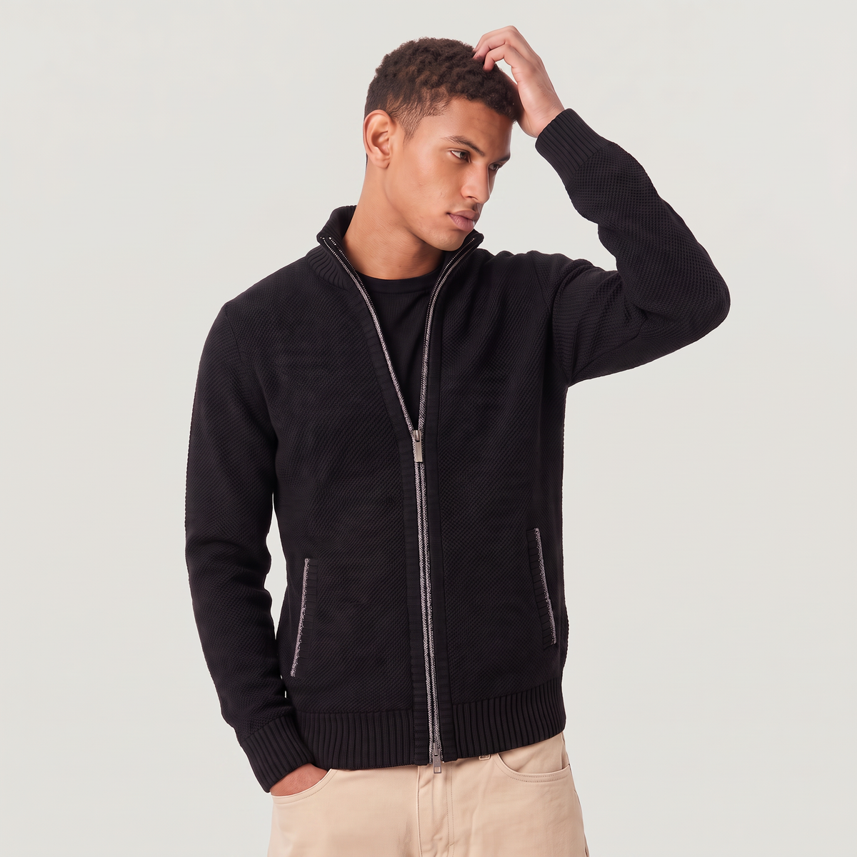 Men's Full-Zip Textured Knit Cardigan – Funnel Neck Jumper