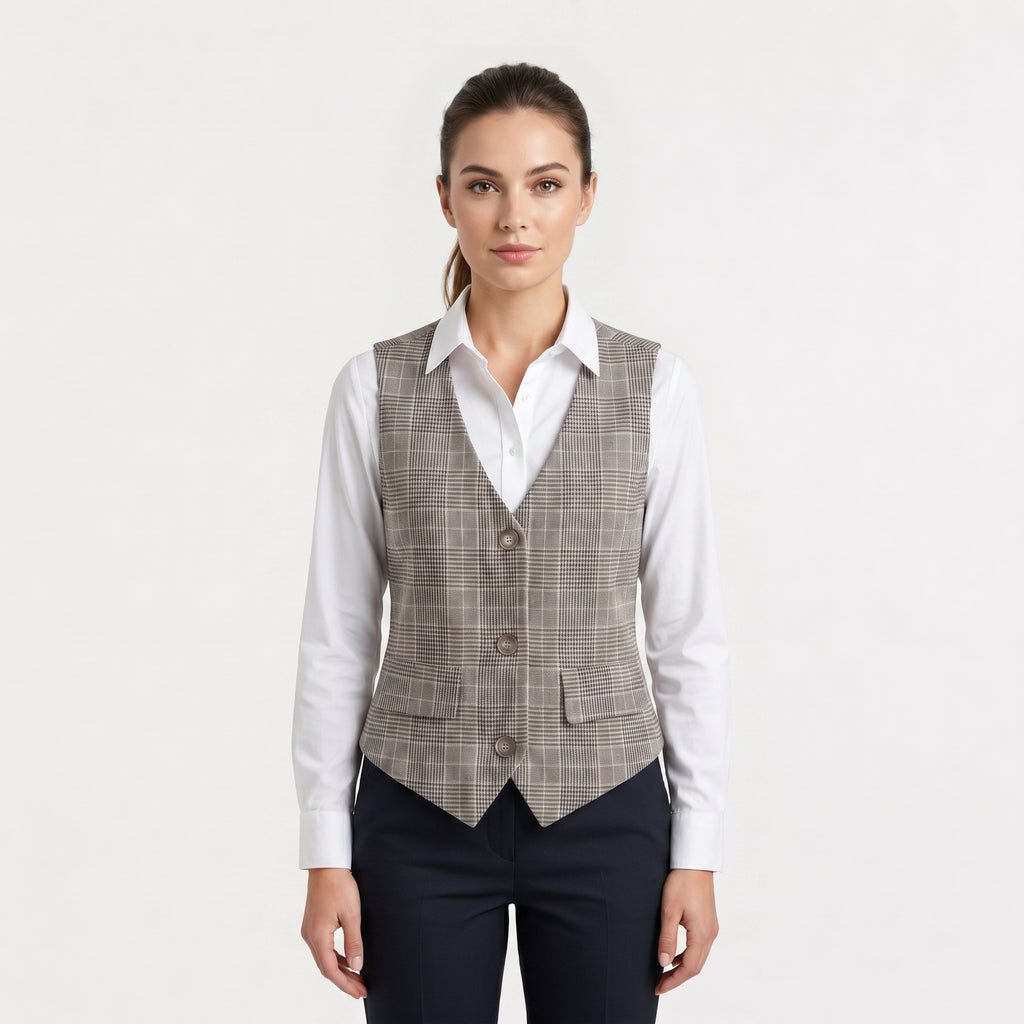 Women's Beige Plaid Button-Front Waistcoat