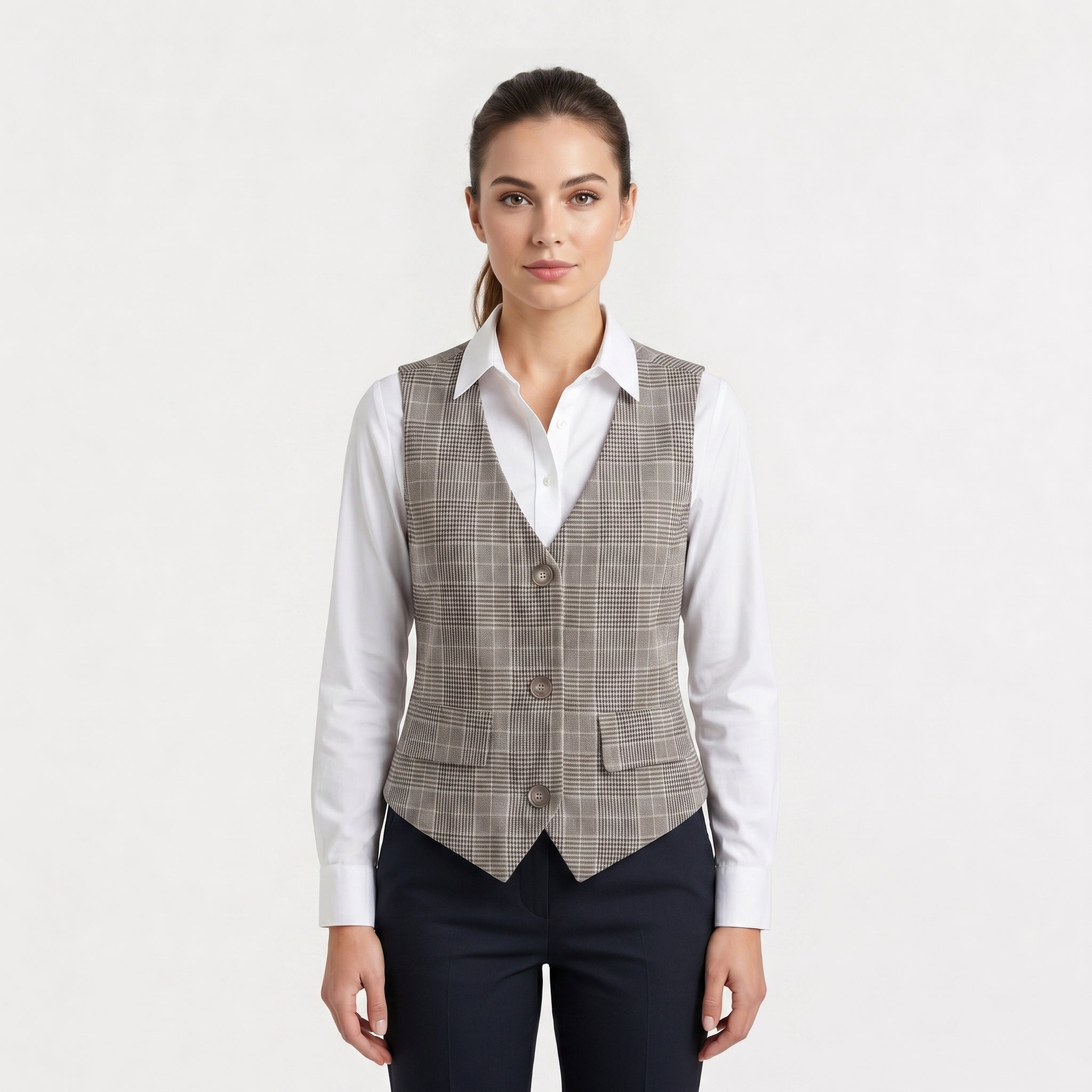 Women's Beige Plaid Button-Front Waistcoat