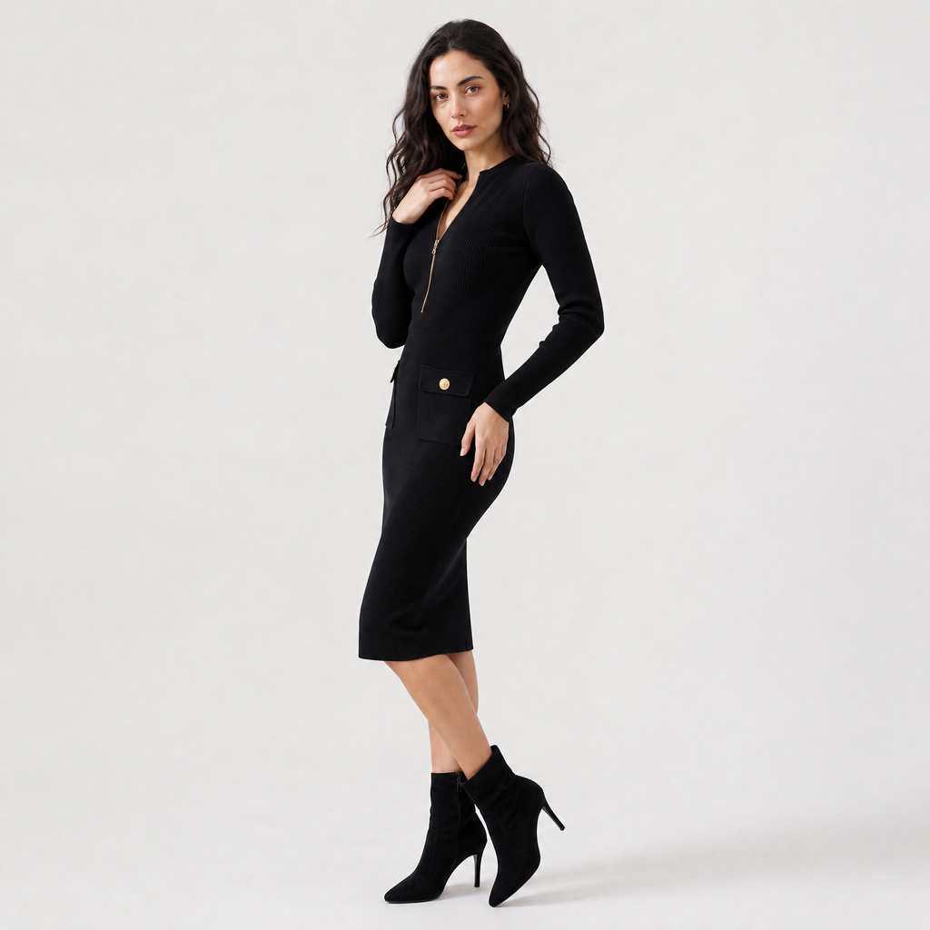 Women's Formal Ribbed Knit Zip Midi Dress