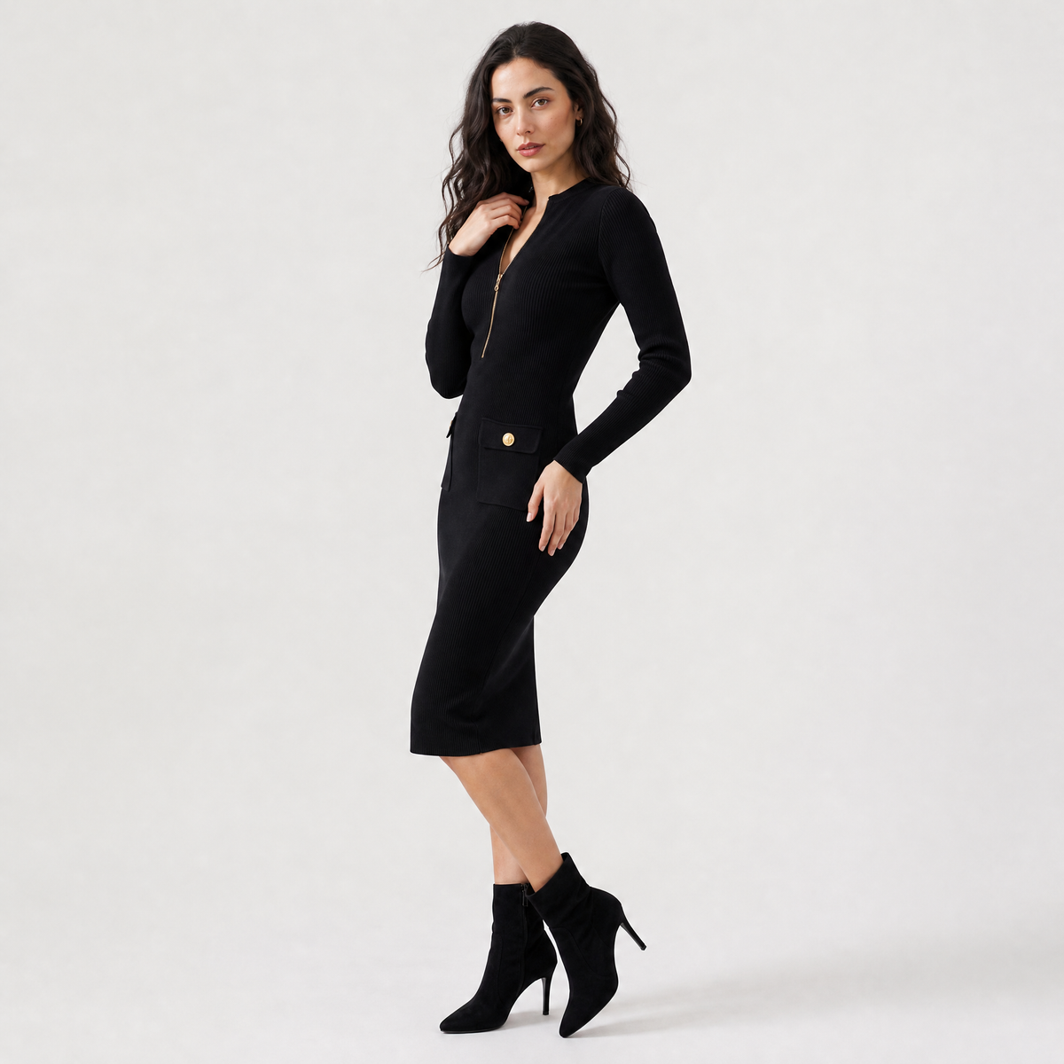 Women's Formal Ribbed Knit Zip Midi Dress