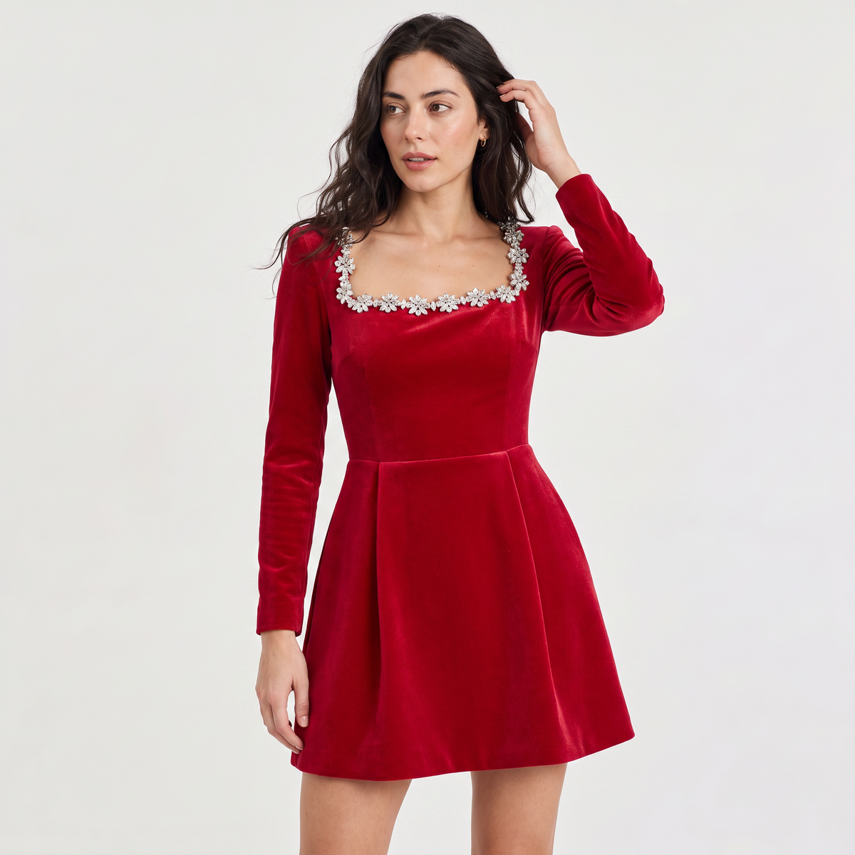 Women's Square Neck Crystal Trim Velvet Mini Dress
