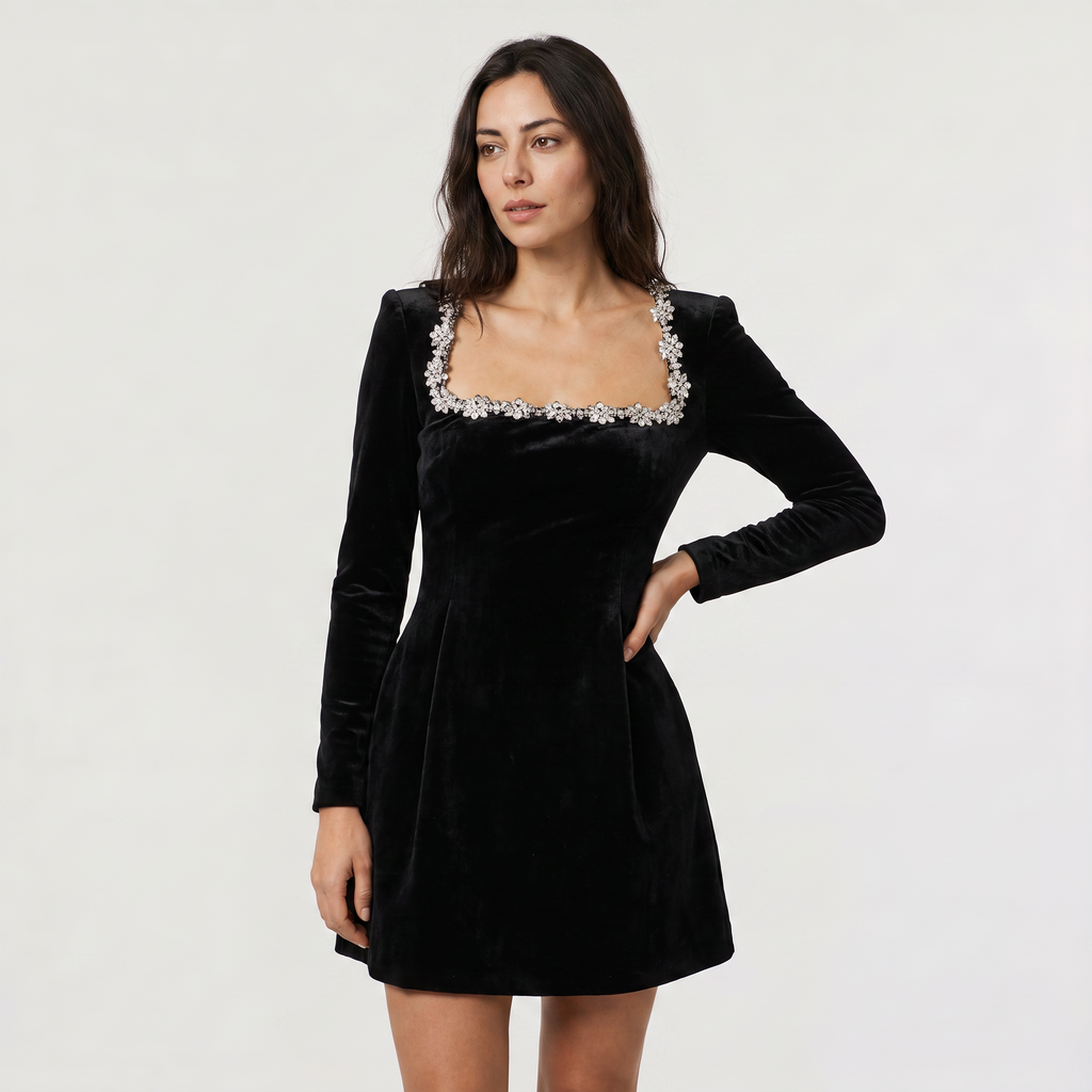 Women's Square Neck Crystal Trim Velvet Mini Dress
