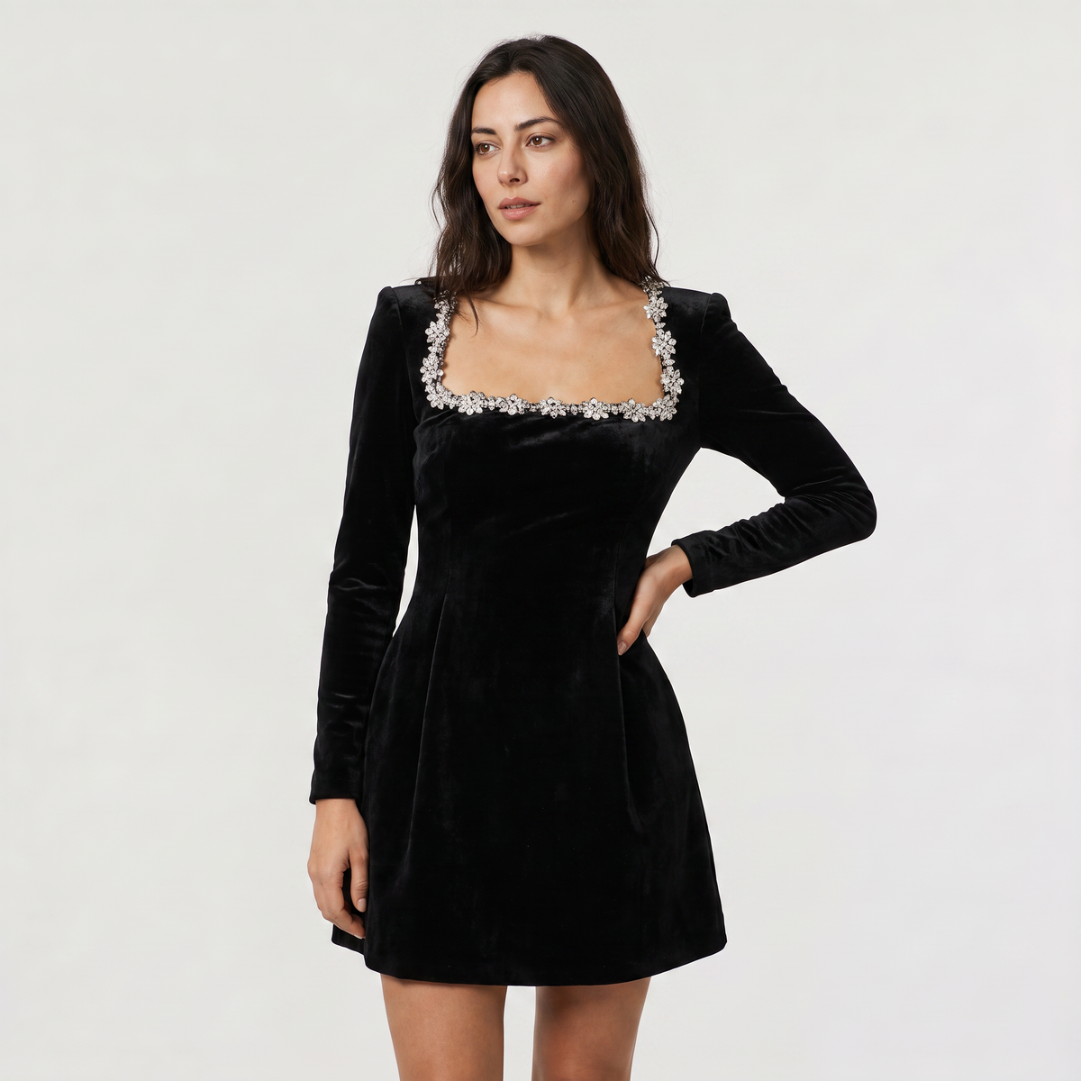 Women's Square Neck Crystal Trim Velvet Mini Dress