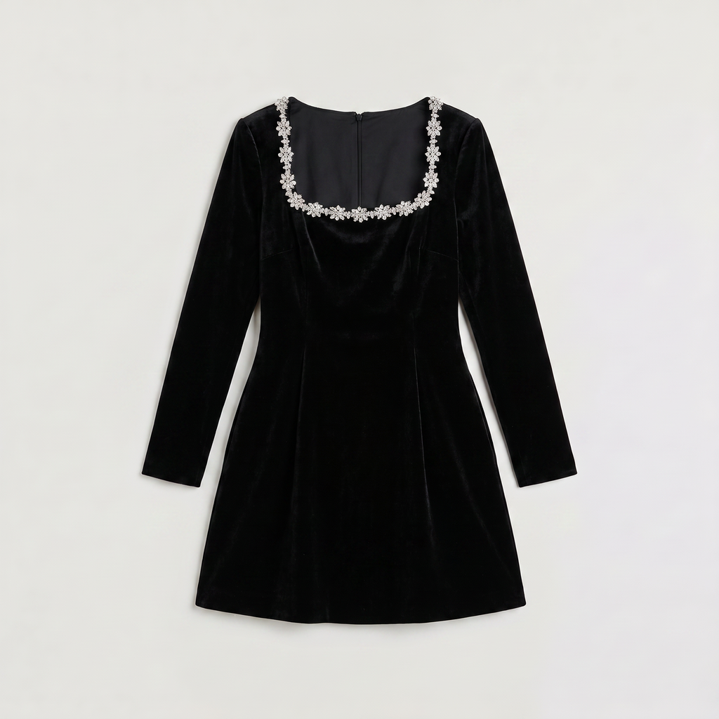Women's Square Neck Crystal Trim Velvet Mini Dress