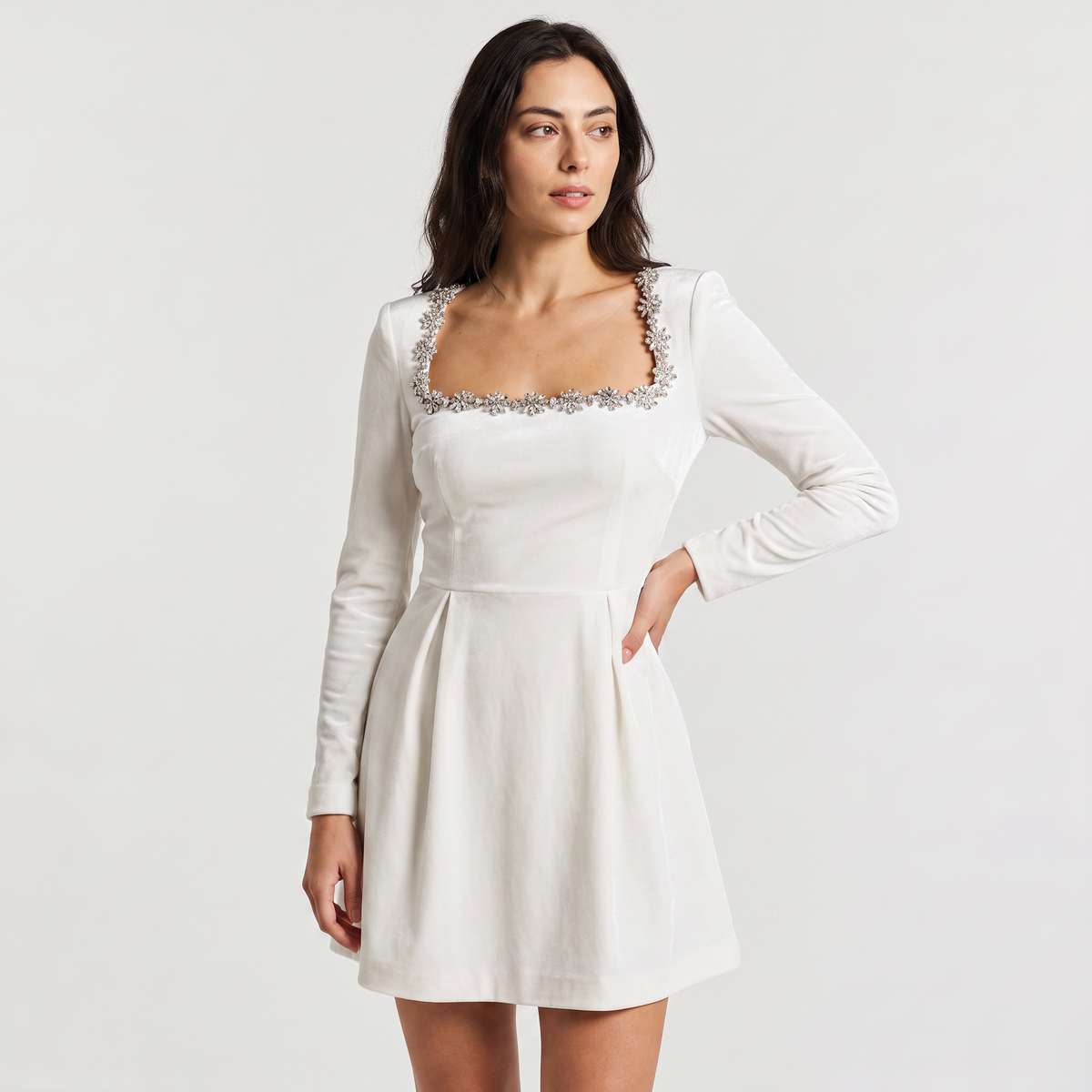 Women's Square Neck Crystal Trim Velvet Mini Dress