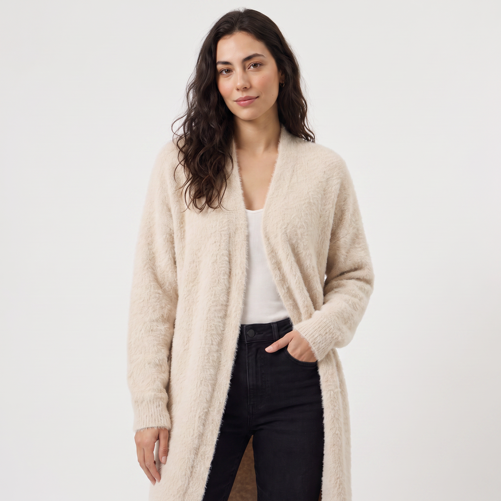 Women's Fluffy Longline Open-Front Cardigan