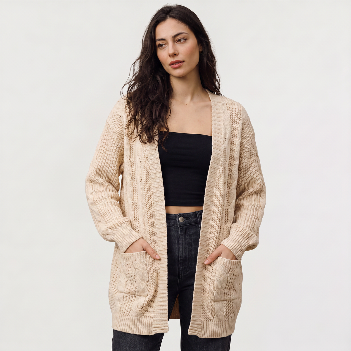 Women's Open Front Oversized Cable Knit Cardigan