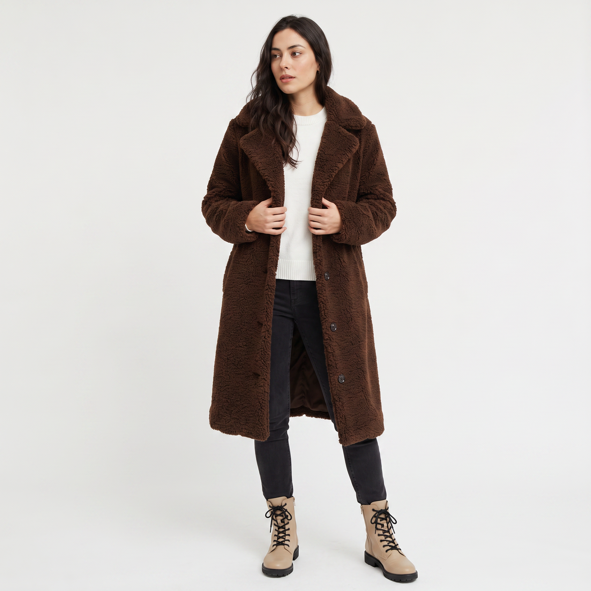 Women's Longline Teddy Coat with Notched Collar