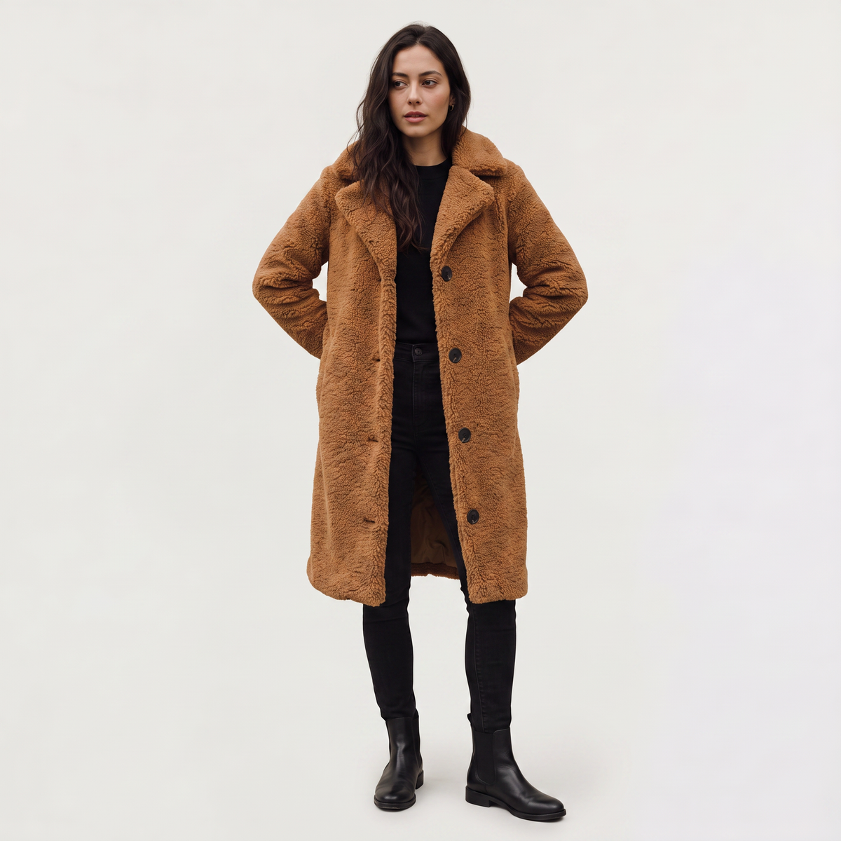 Women's Longline Teddy Coat with Notched Collar