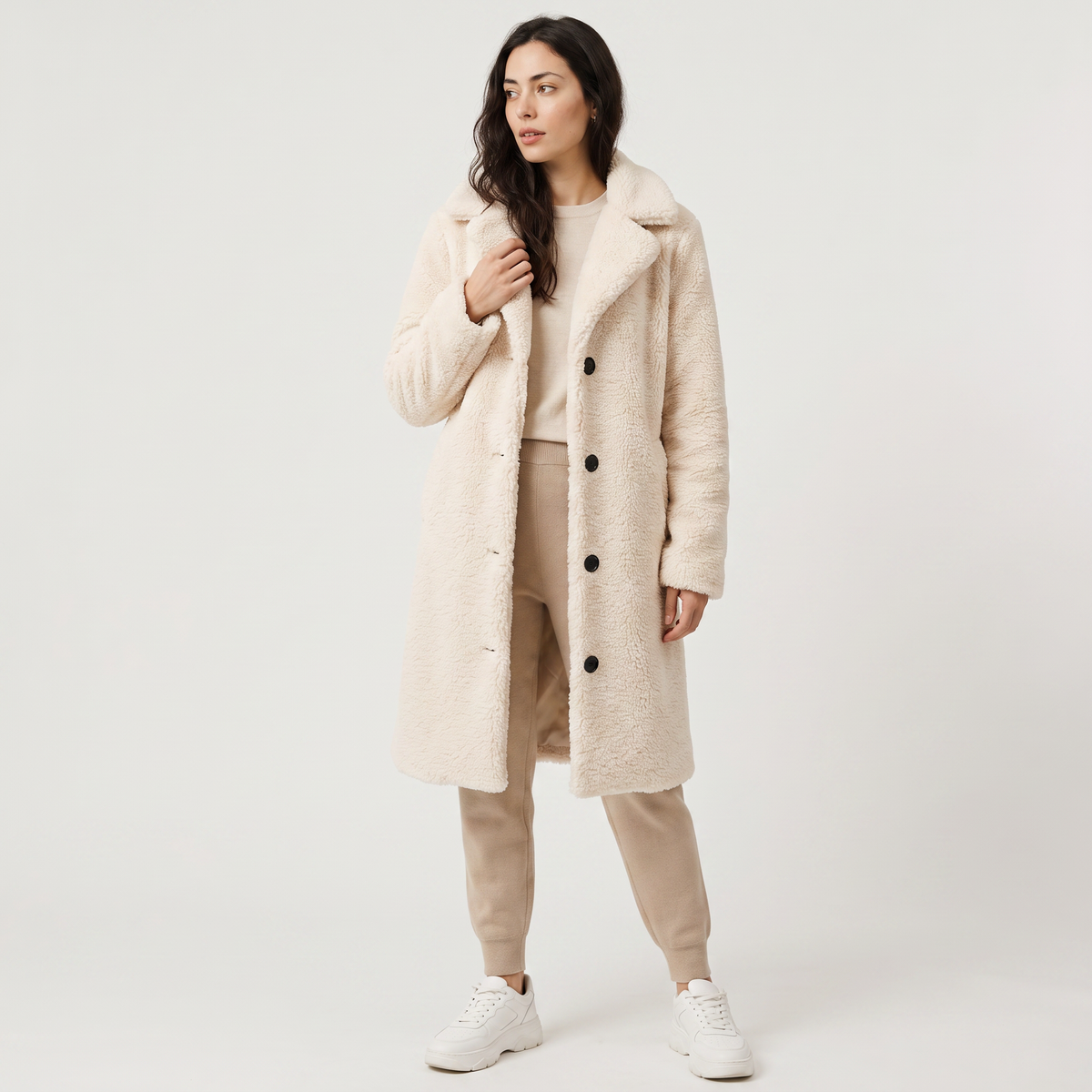 Women's Longline Teddy Coat with Notched Collar