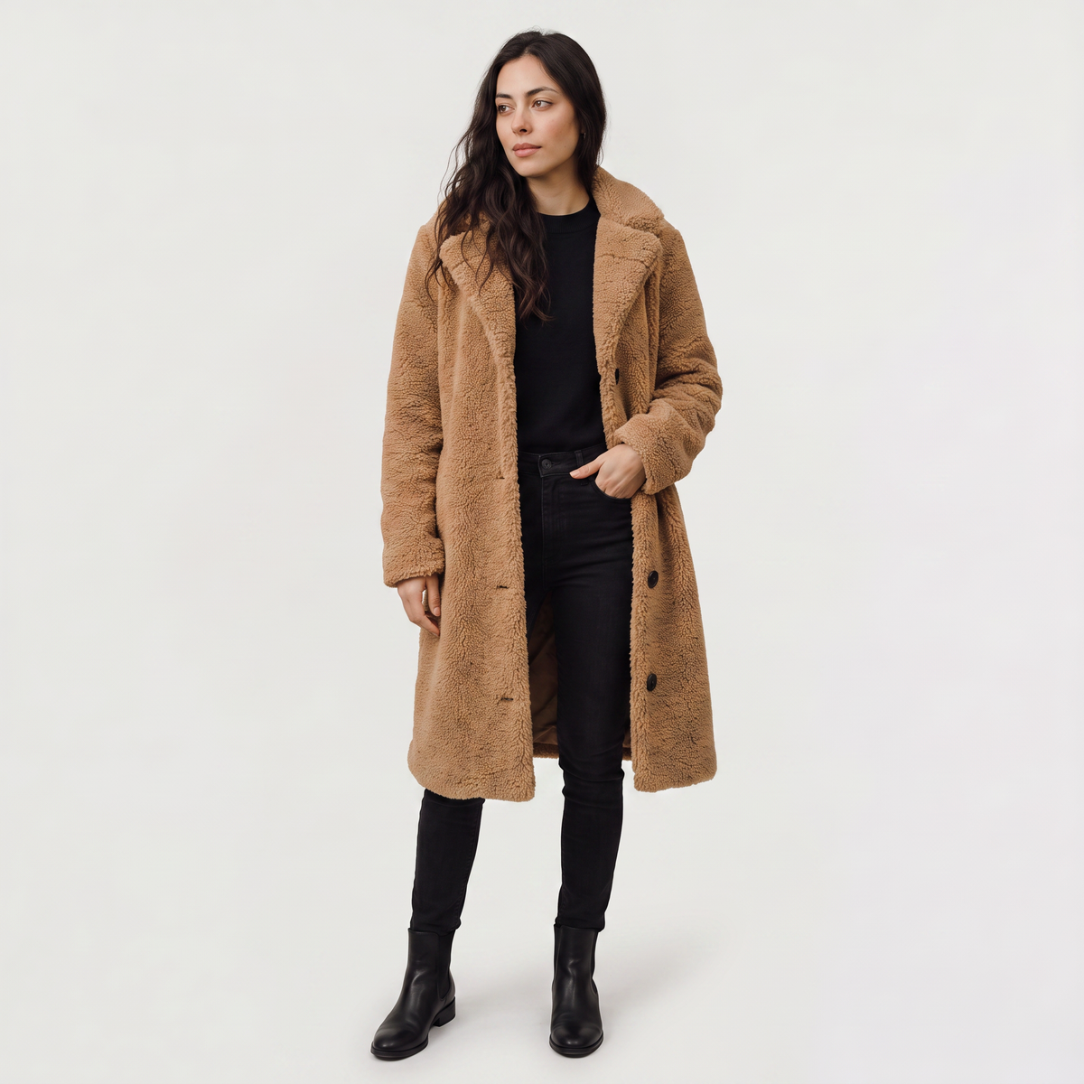Women's Longline Teddy Coat with Notched Collar
