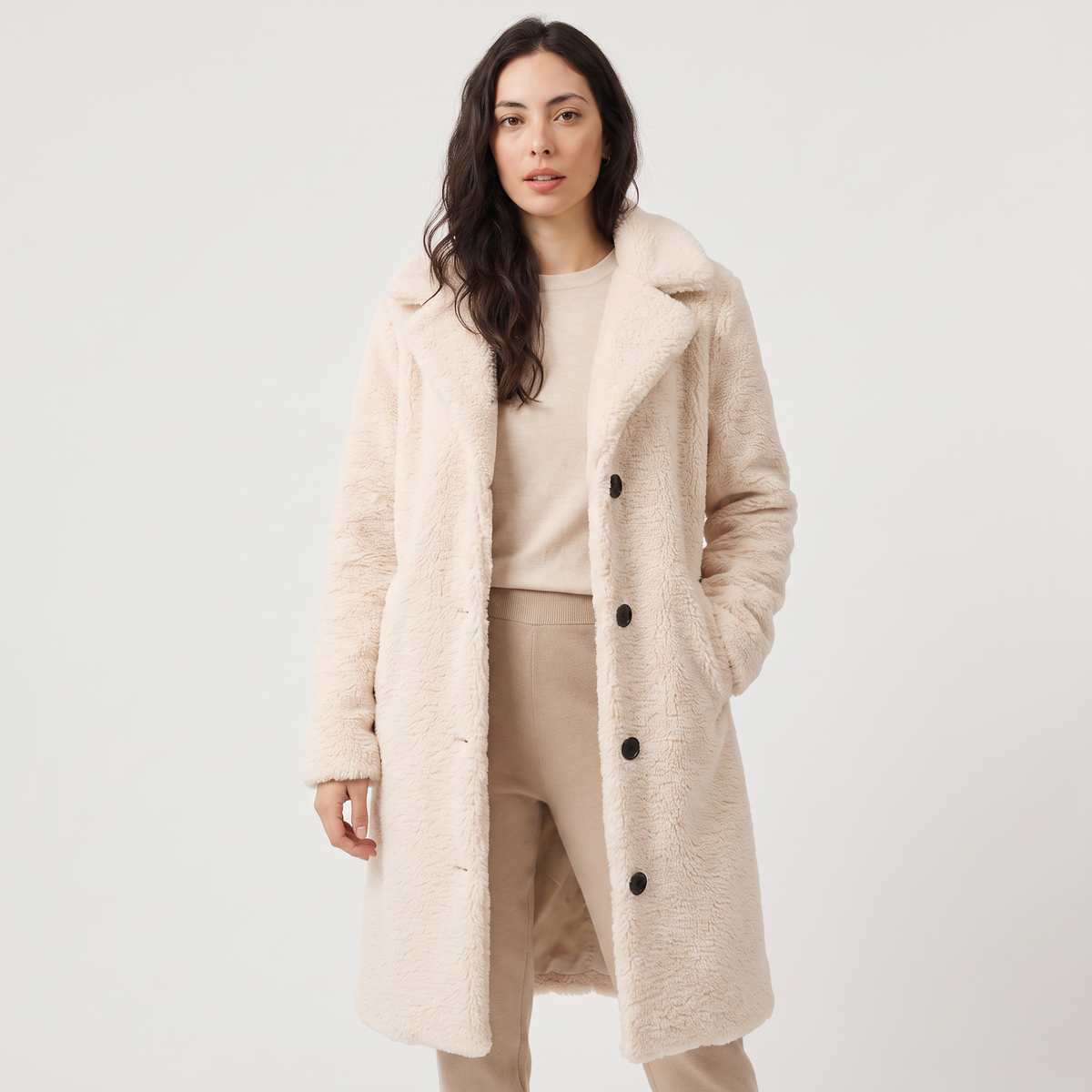 Women's Longline Teddy Coat with Notched Collar