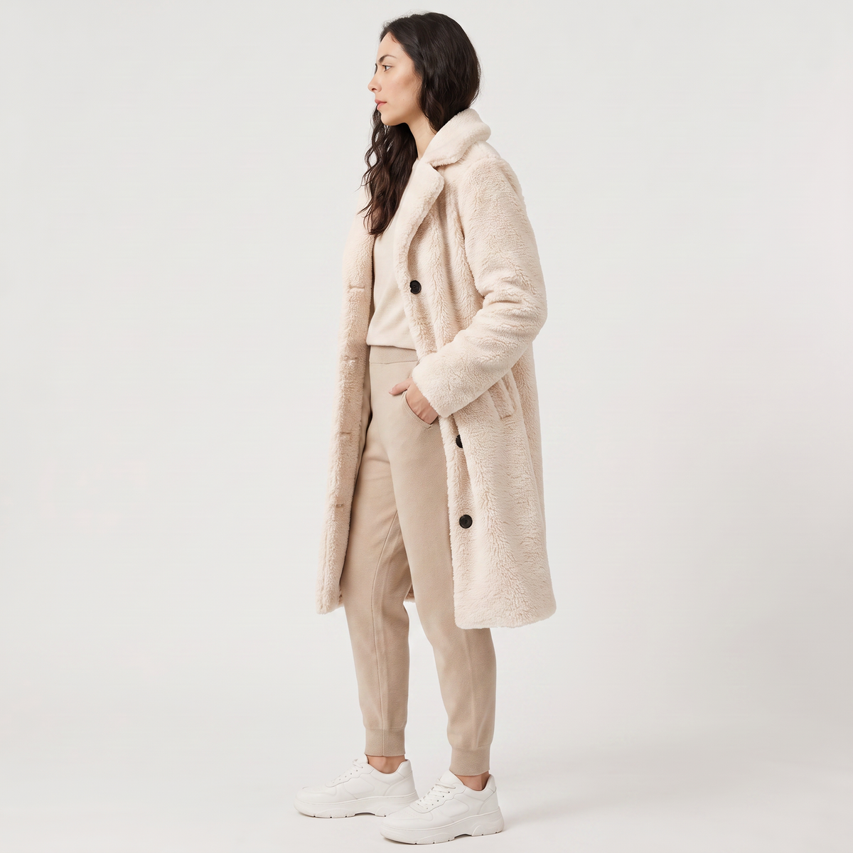 Women's Longline Teddy Coat with Notched Collar