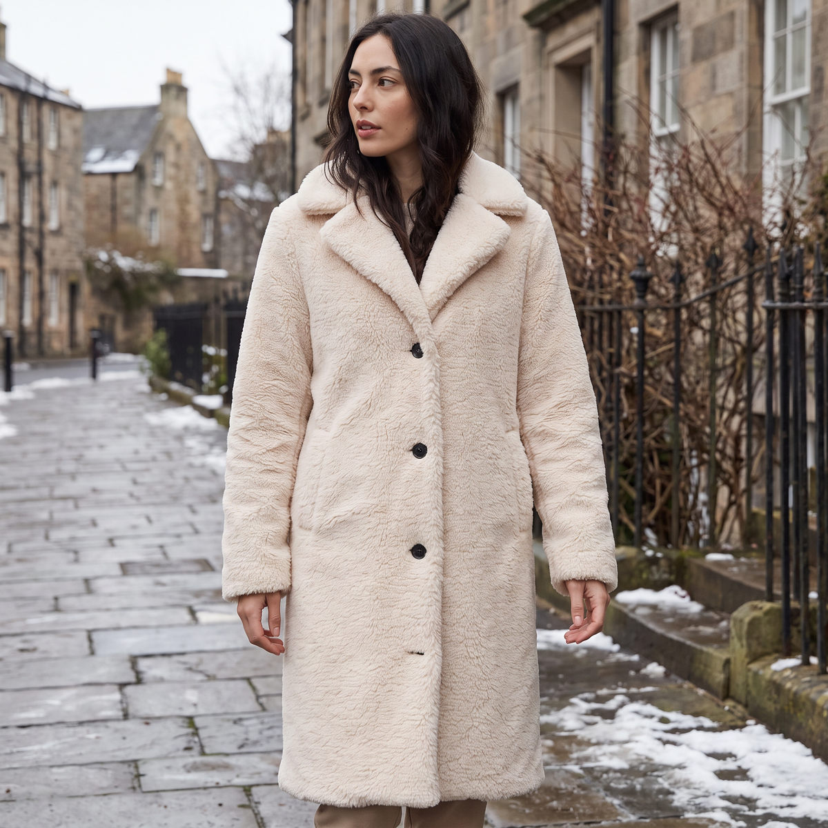 Women's Longline Teddy Coat with Notched Collar