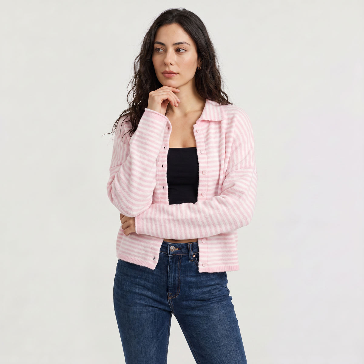 Women's Striped Collared Knit Cardigan - Button Front